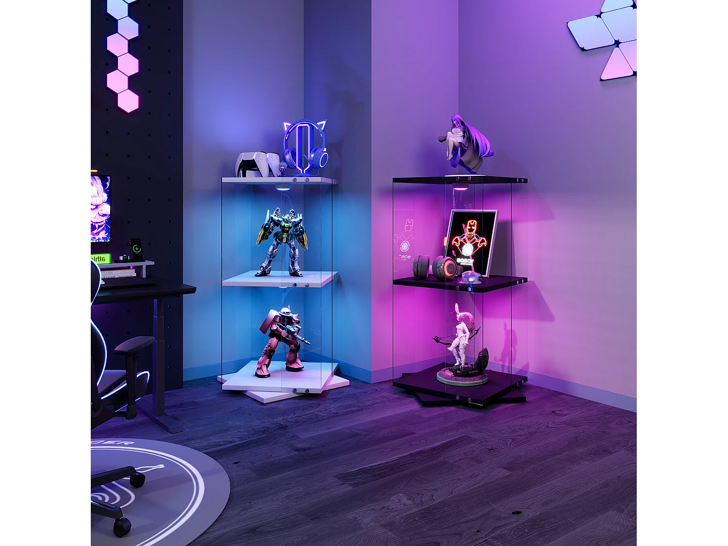 Vitrine en Verre avec Socle Tournant 360° et LED,Anti-Basculement, vitrine salon Rangement Vins/Collections, Design Moderne,blanc