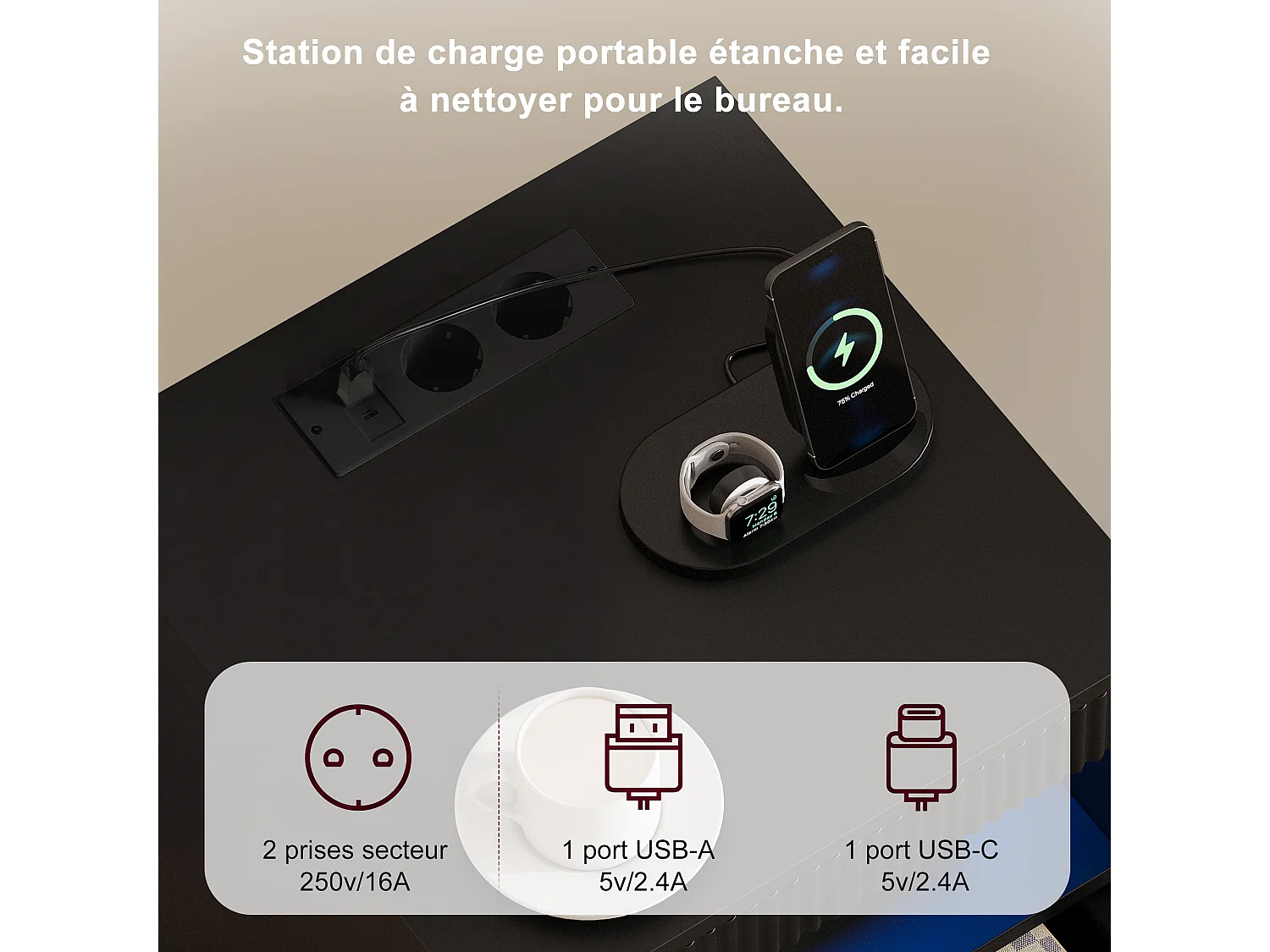 Table de Chevet avec LED - Station de Charge et Plateau Coulissant - 2 Prises, USB-C - Grand Rangement - 40x40x60cm - Noir