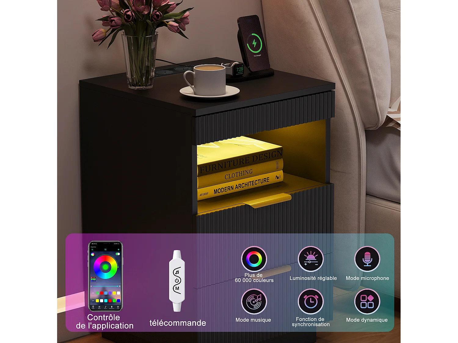 Table de Chevet avec LED - Station de Charge et Plateau Coulissant - 2 Prises, USB-C - Grand Rangement - 40x40x60cm - Noir