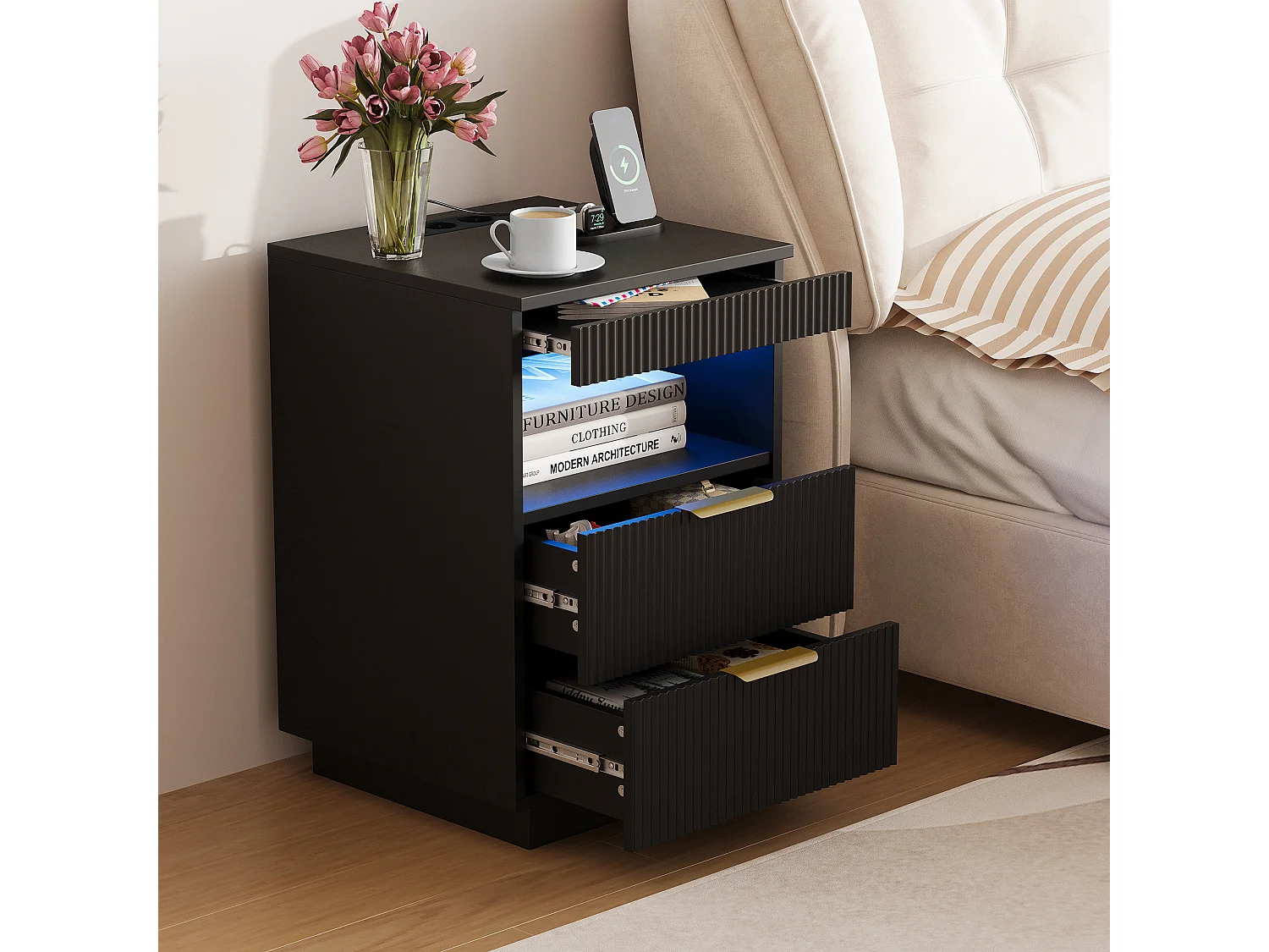 Table de Chevet avec LED - Station de Charge et Plateau Coulissant - 2 Prises, USB-C - Grand Rangement - 40x40x60cm - Noir