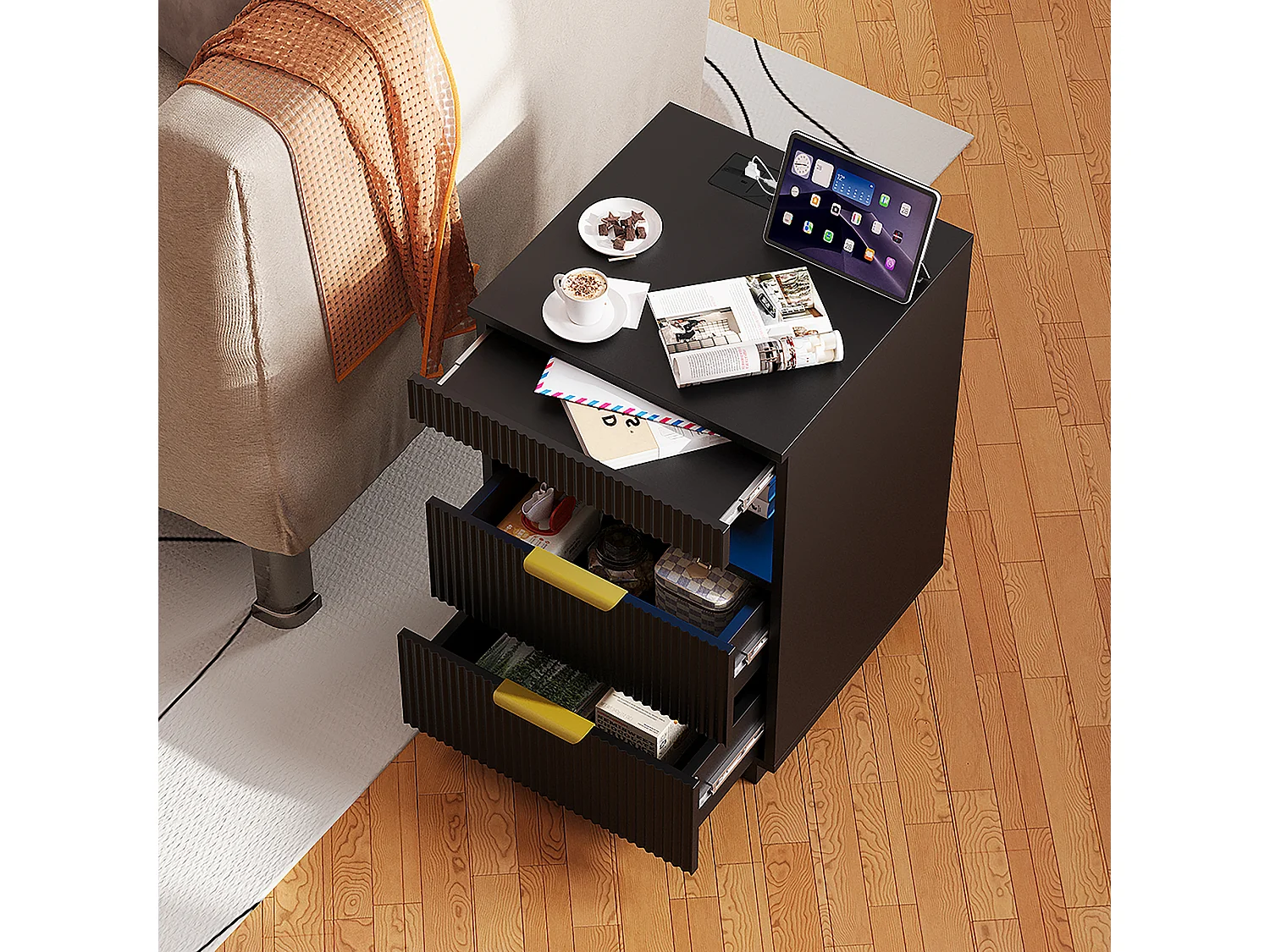 Table de Chevet avec LED - Station de Charge et Plateau Coulissant - 2 Prises, USB-C - Grand Rangement - 40x40x60cm - Noir