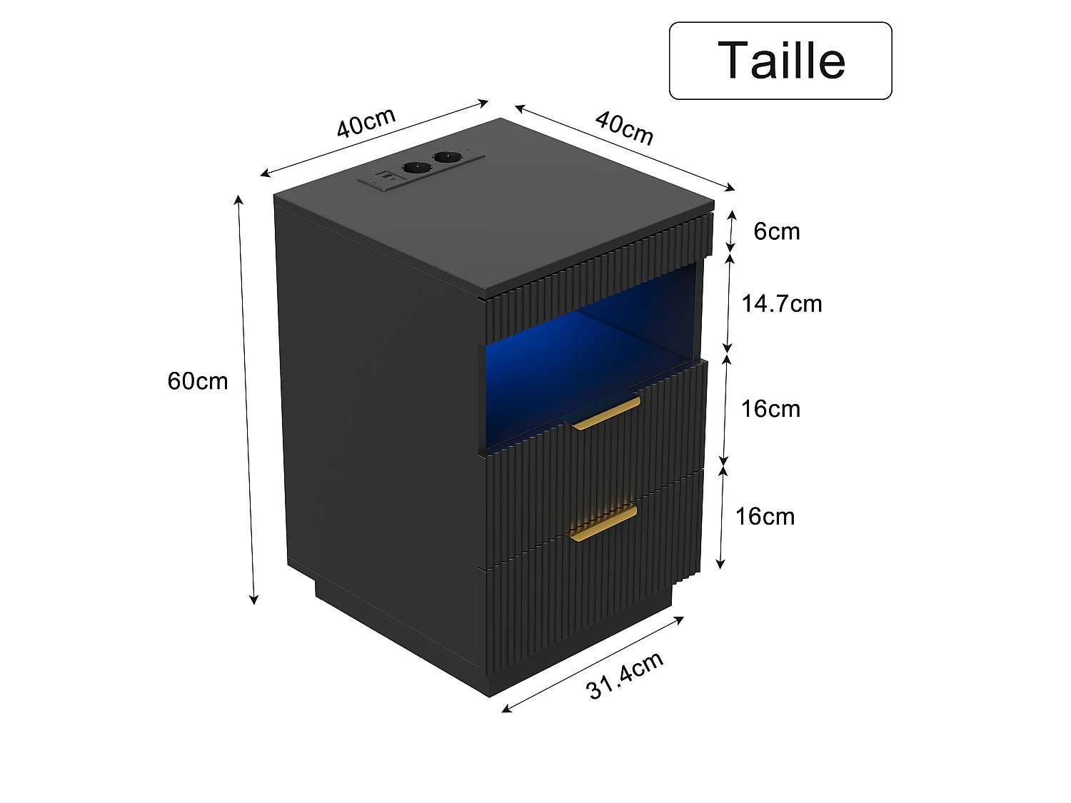 Table de Chevet avec LED - Station de Charge et Plateau Coulissant - 2 Prises, USB-C - Grand Rangement - 40x40x60cm - Noir