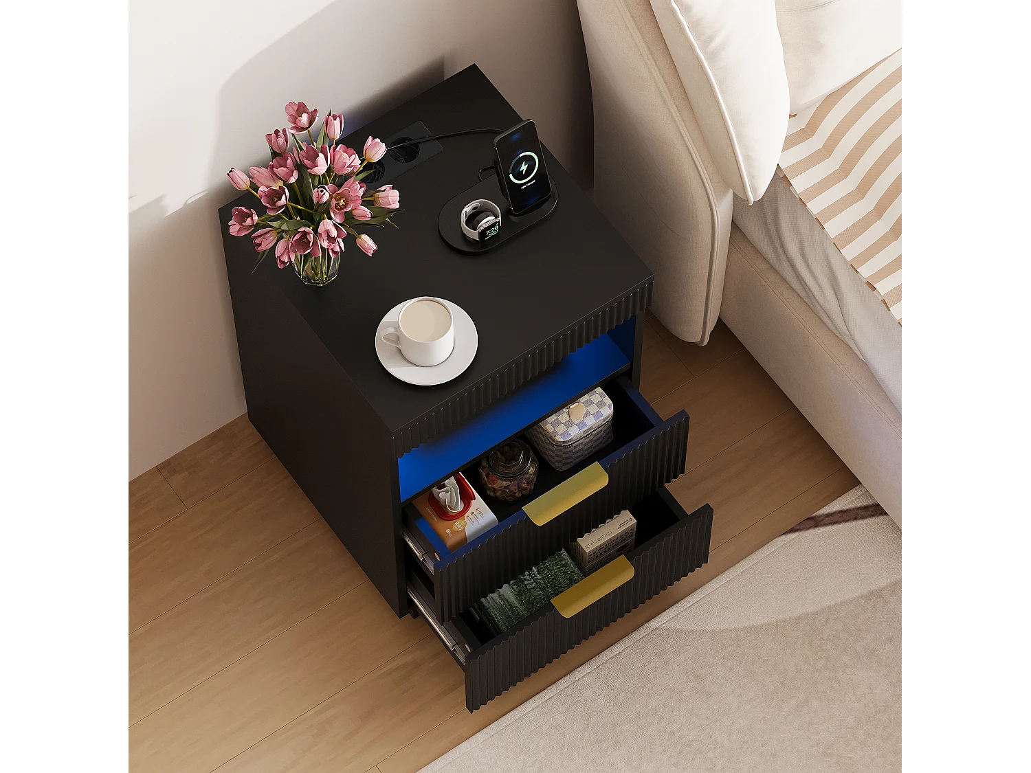 Table de Chevet avec LED - Station de Charge et Plateau Coulissant - 2 Prises, USB-C - Grand Rangement - 40x40x60cm - Noir