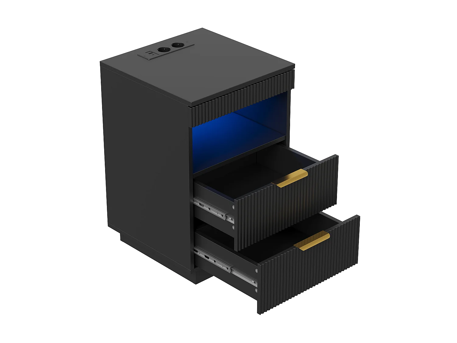 Table de Chevet avec LED - Station de Charge et Plateau Coulissant - 2 Prises, USB-C - Grand Rangement - 40x40x60cm - Noir