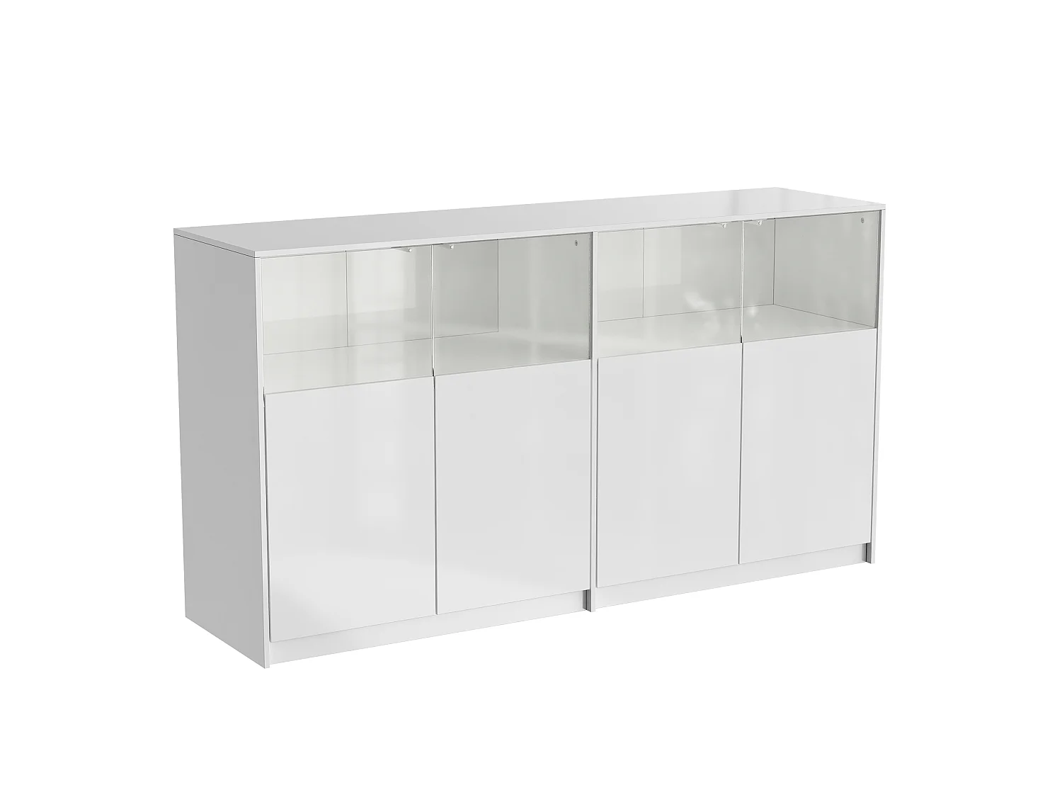 Buffet Blanc Brillant avec 4 Portes Mi-Vitrées, Éclairage LED Inclus, 150x40x80 cm, Salon et Chambre