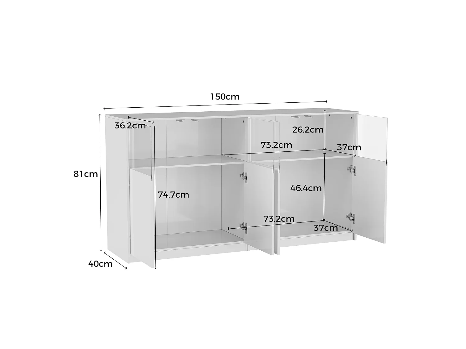 Buffet Blanc Brillant avec 4 Portes Mi-Vitrées, Éclairage LED Inclus, 150x40x80 cm, Salon et Chambre