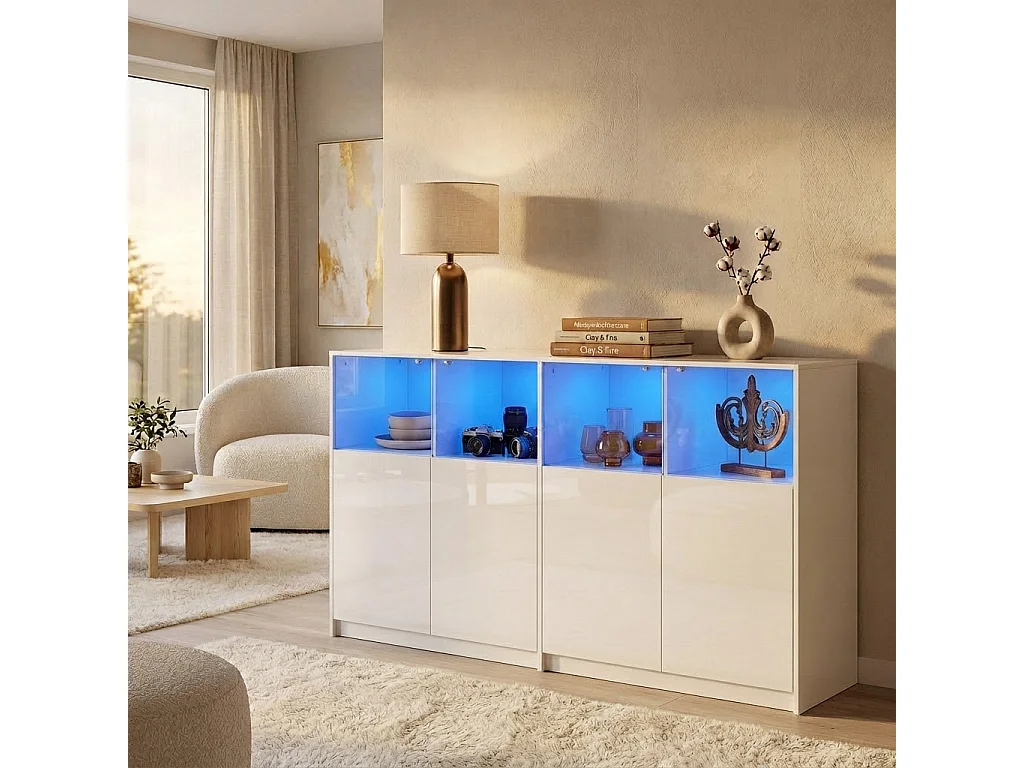 Buffet Blanc Brillant avec 4 Portes Mi-Vitrées, Éclairage LED Inclus, 150x40x80 cm, Salon et Chambre