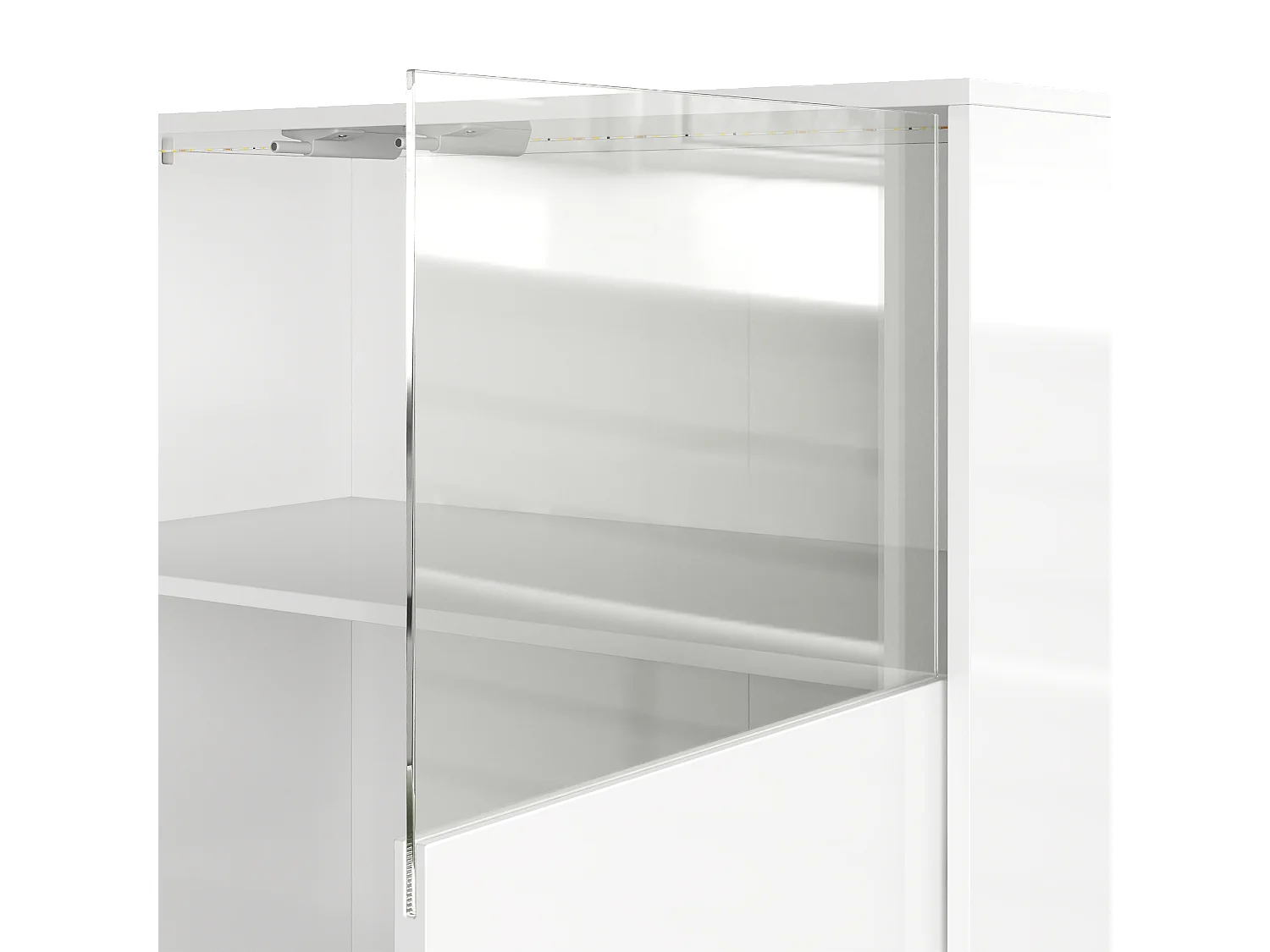 Buffet Blanc Brillant avec 4 Portes Mi-Vitrées, Éclairage LED Inclus, 150x40x80 cm, Salon et Chambre