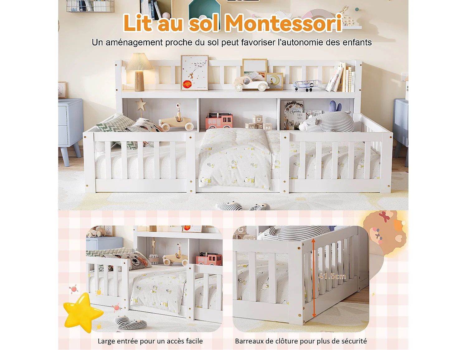 Lit Montessori 90x200 Bois avec Rangement,Bibliothèque Intégrée,Barreaux Sécurité,Lit Enfant avec Sommier,Lit 1 place,Blanc