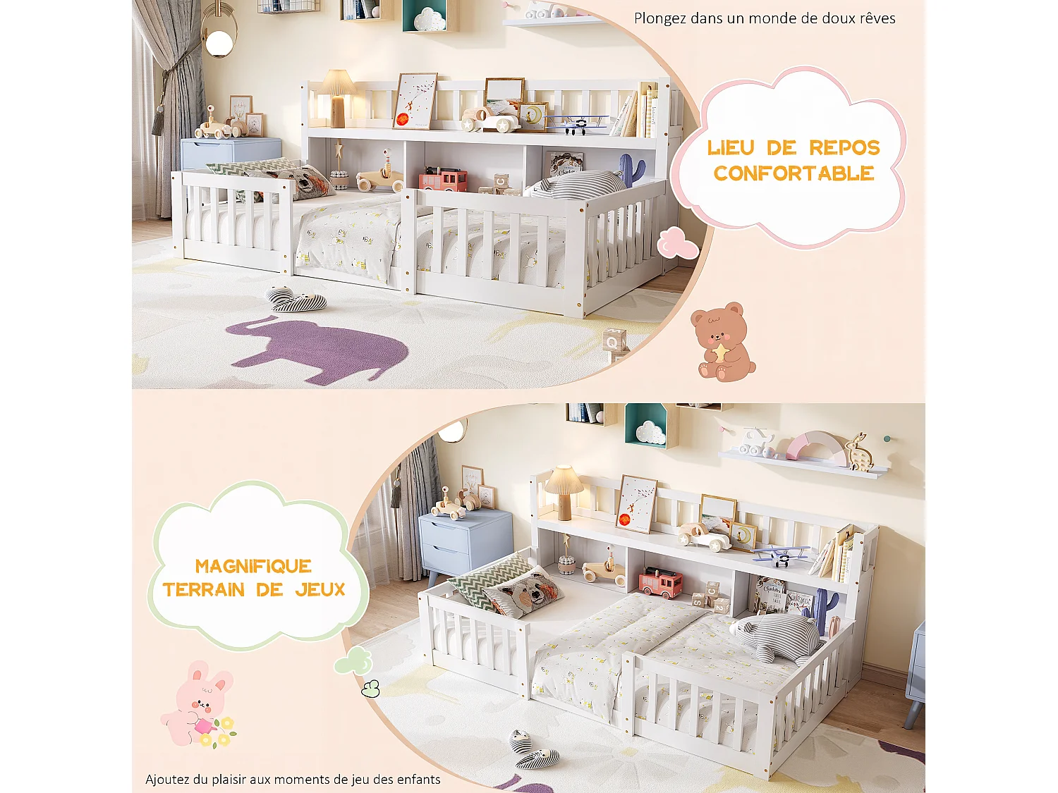 Lit Montessori 90x200 Bois avec Rangement,Bibliothèque Intégrée,Barreaux Sécurité,Lit Enfant avec Sommier,Lit 1 place,Blanc