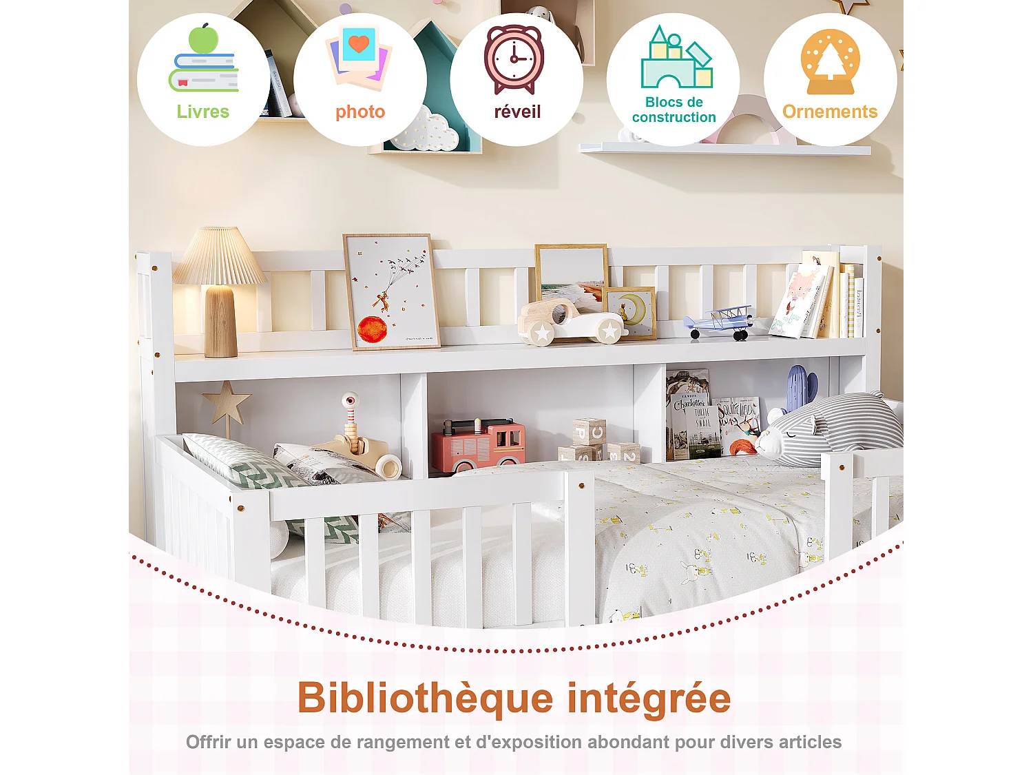 Lit Montessori 90x200 Bois avec Rangement,Bibliothèque Intégrée,Barreaux Sécurité,Lit Enfant avec Sommier,Lit 1 place,Blanc
