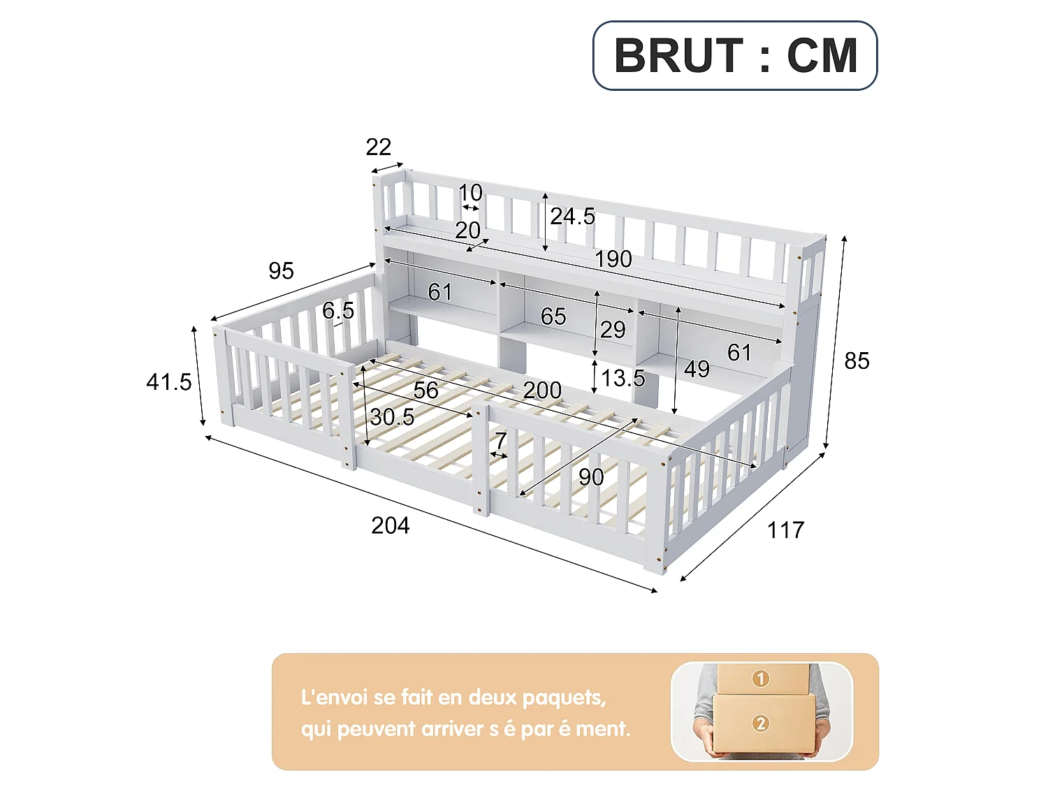 Lit Montessori 90x200 Bois avec Rangement,Bibliothèque Intégrée,Barreaux Sécurité,Lit Enfant avec Sommier,Lit 1 place,Blanc