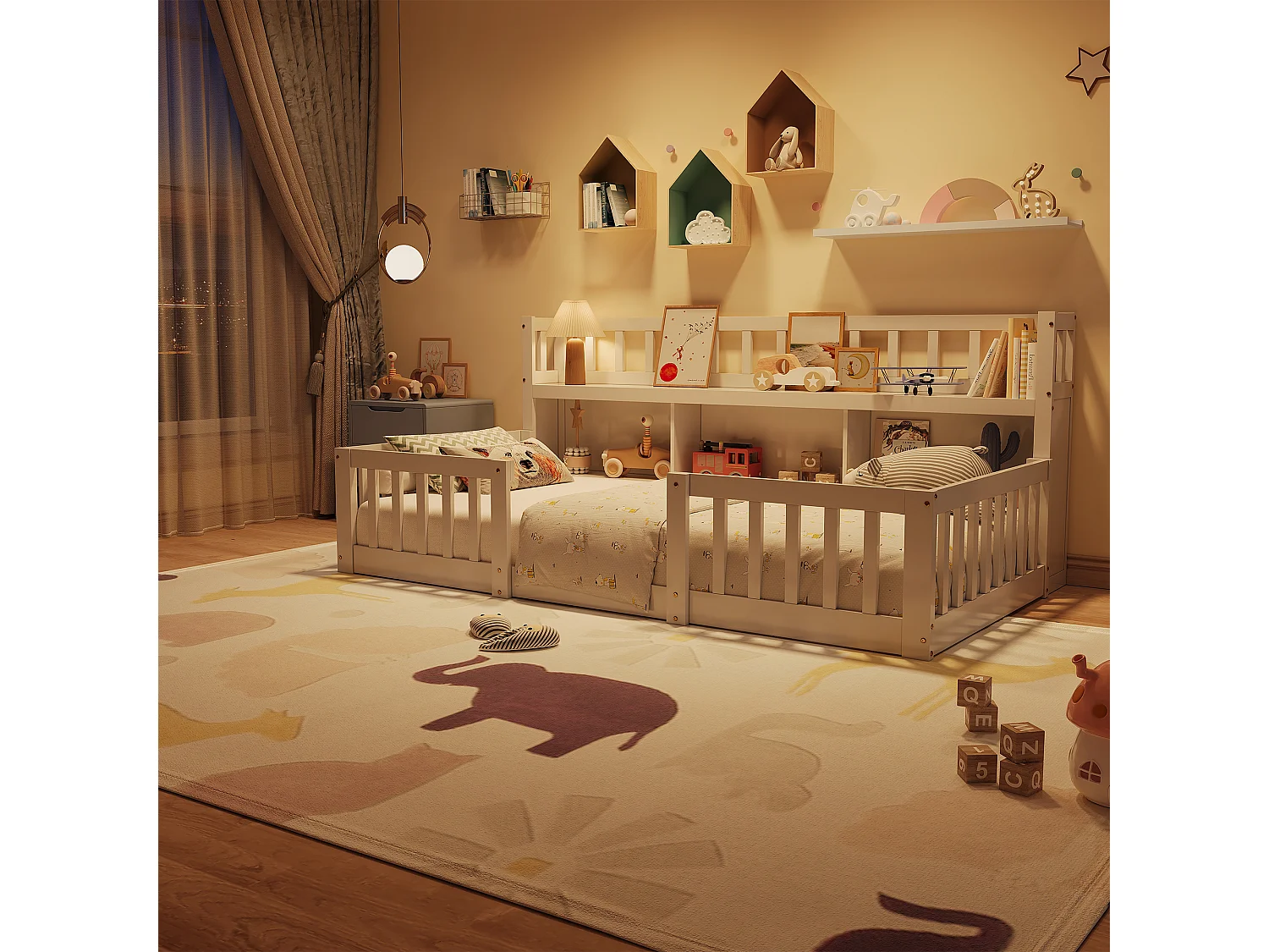 Lit Montessori 90x200 Bois avec Rangement,Bibliothèque Intégrée,Barreaux Sécurité,Lit Enfant avec Sommier,Lit 1 place,Blanc