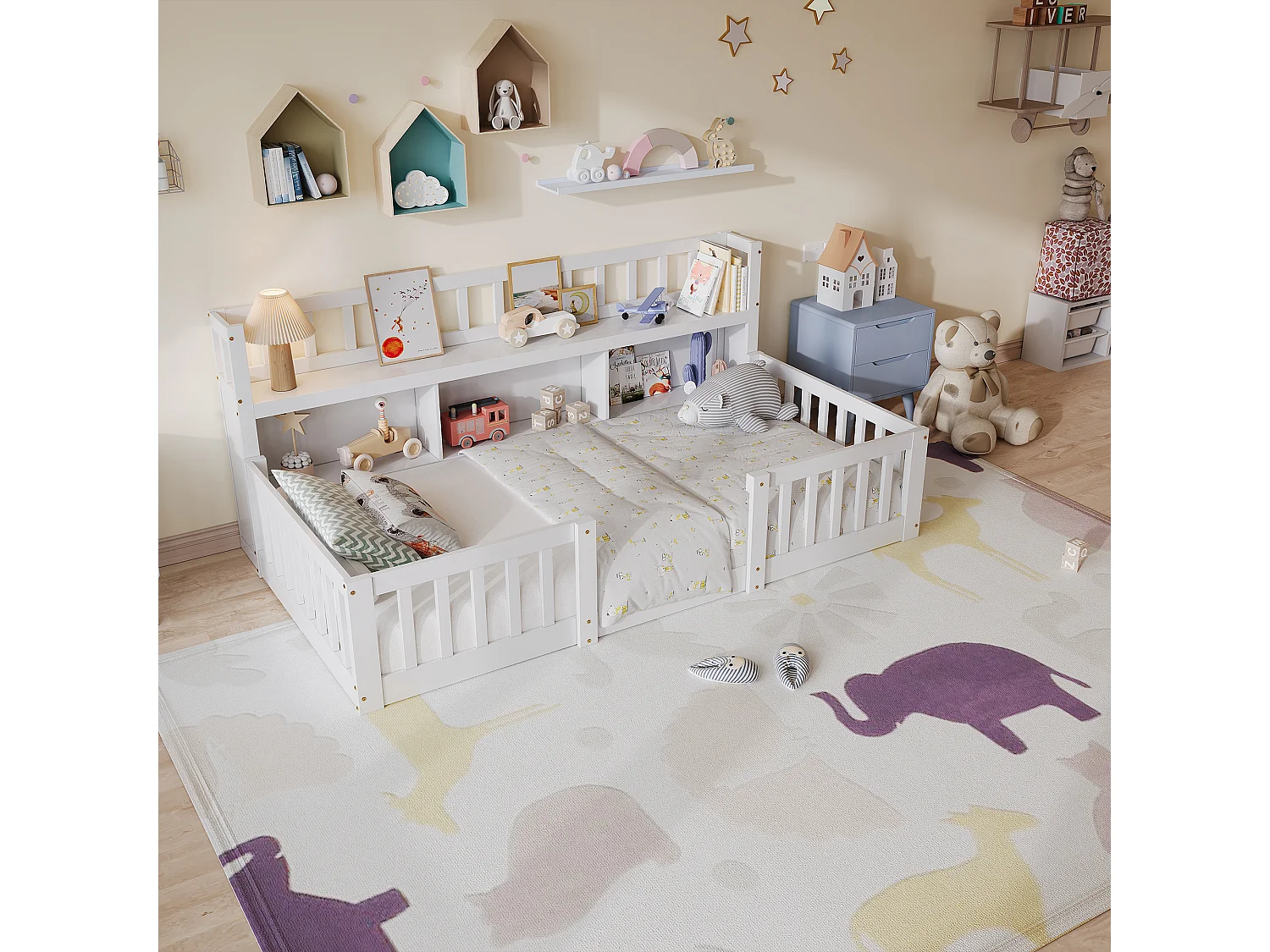 Lit Montessori 90x200 Bois avec Rangement,Bibliothèque Intégrée,Barreaux Sécurité,Lit Enfant avec Sommier,Lit 1 place,Blanc