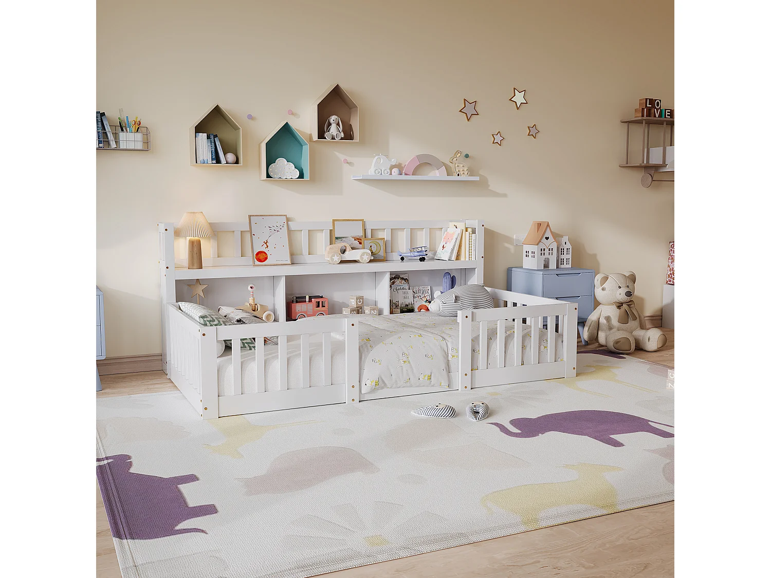Lit Montessori 90x200 Bois avec Rangement,Bibliothèque Intégrée,Barreaux Sécurité,Lit Enfant avec Sommier,Lit 1 place,Blanc