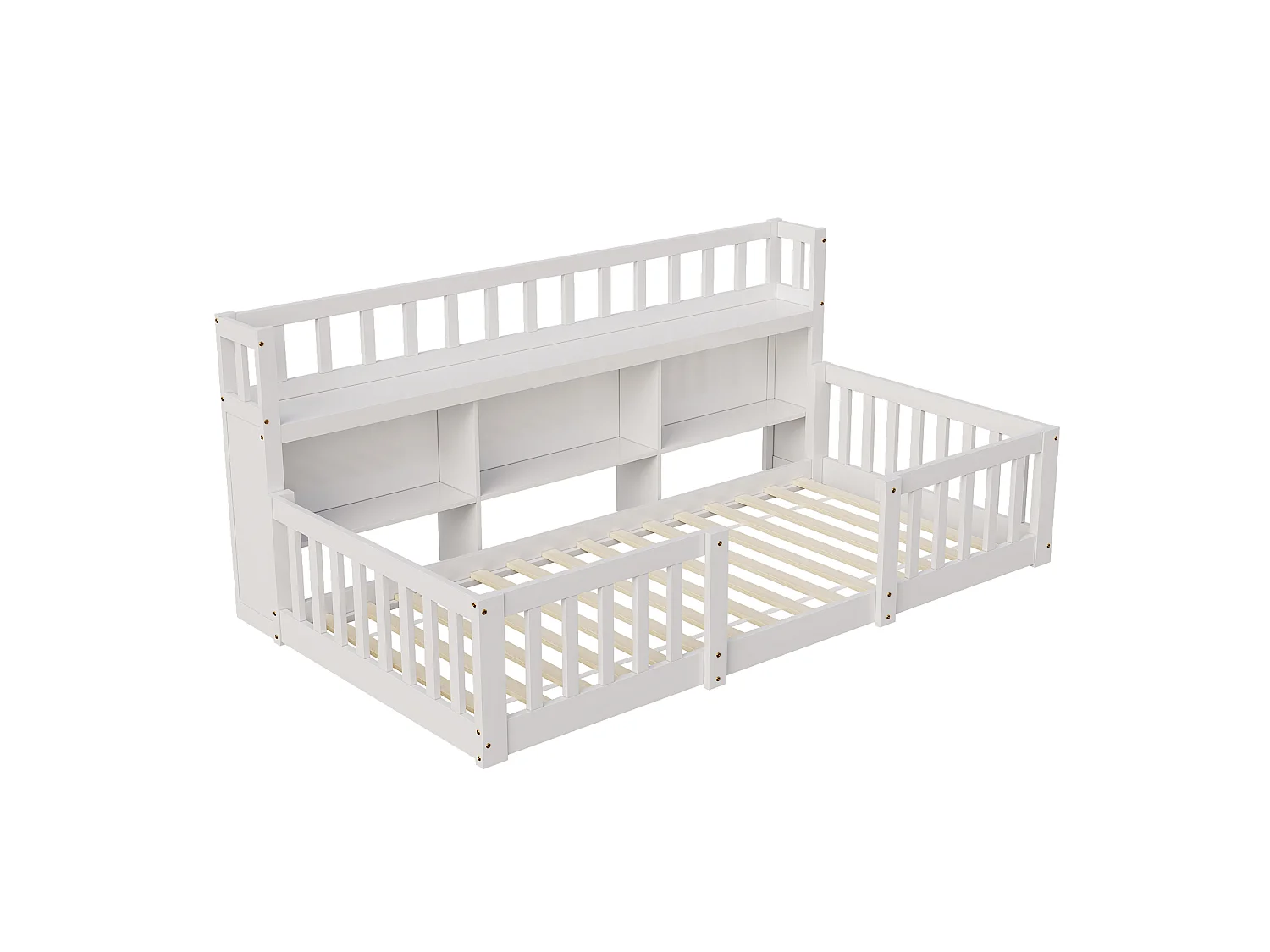 Lit Montessori 90x200 Bois avec Rangement,Bibliothèque Intégrée,Barreaux Sécurité,Lit Enfant avec Sommier,Lit 1 place,Blanc