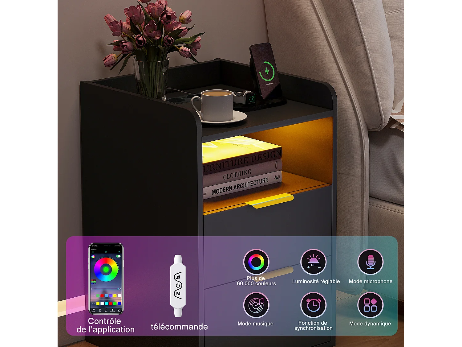 Table de Chevet Moderne avec LED -2 Prises/USB-C et Tiroir Secret - Poignées Dorées - pour Chambre Salon - Scandinave - Noir