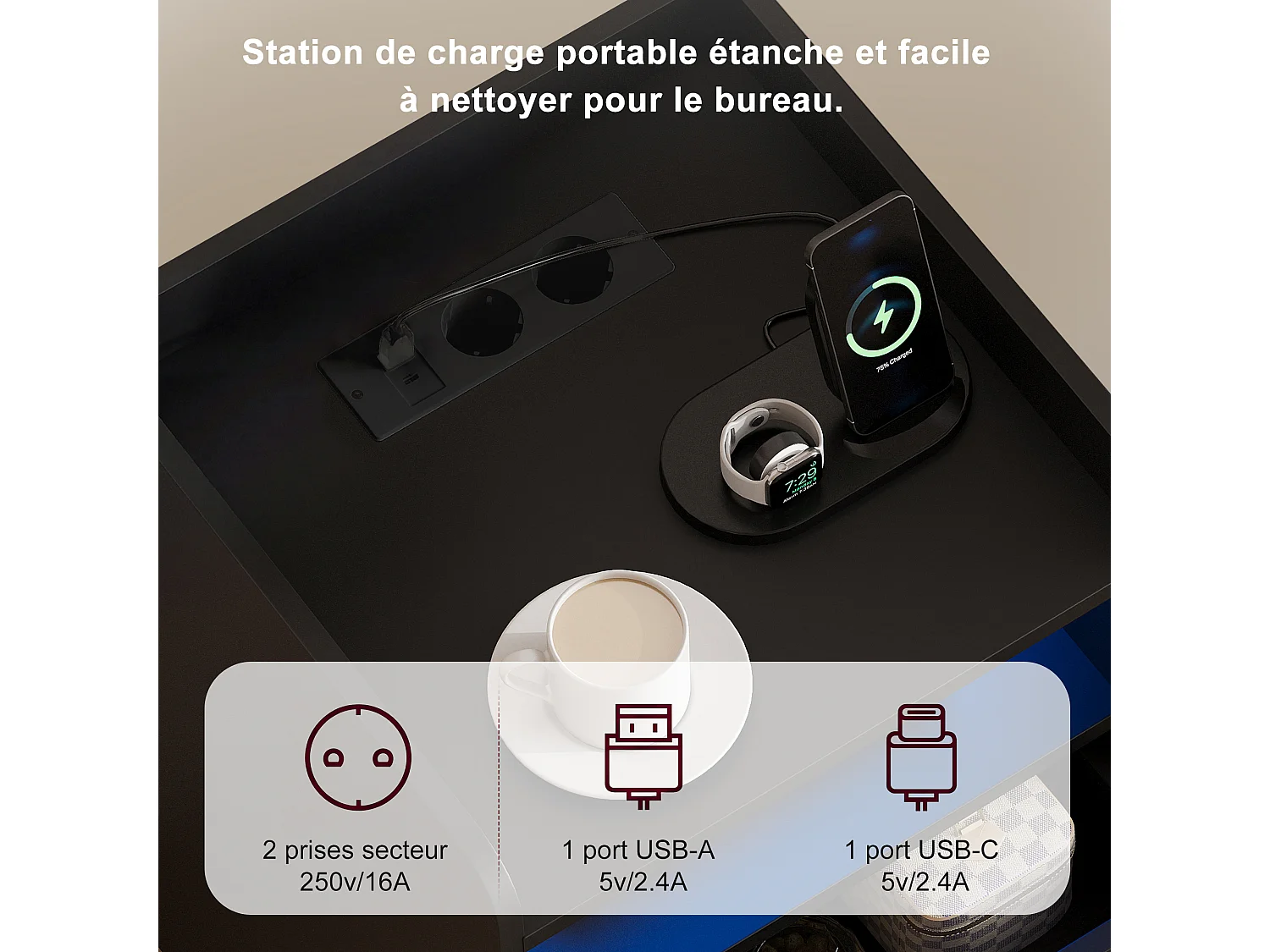 Table de Chevet Moderne avec LED -2 Prises/USB-C et Tiroir Secret - Poignées Dorées - pour Chambre Salon - Scandinave - Noir