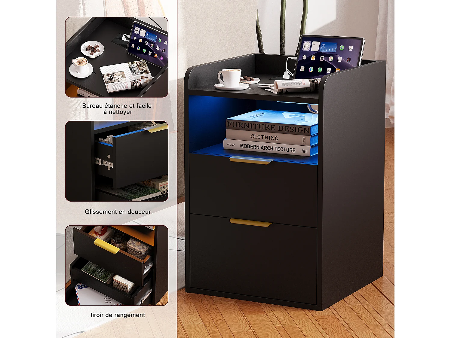 Table de Chevet Moderne avec LED -2 Prises/USB-C et Tiroir Secret - Poignées Dorées - pour Chambre Salon - Scandinave - Noir