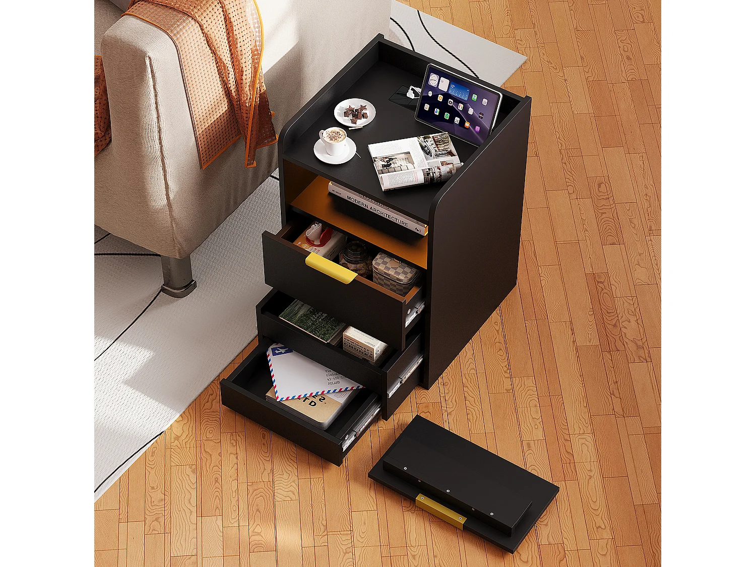 Table de Chevet Moderne avec LED -2 Prises/USB-C et Tiroir Secret - Poignées Dorées - pour Chambre Salon - Scandinave - Noir