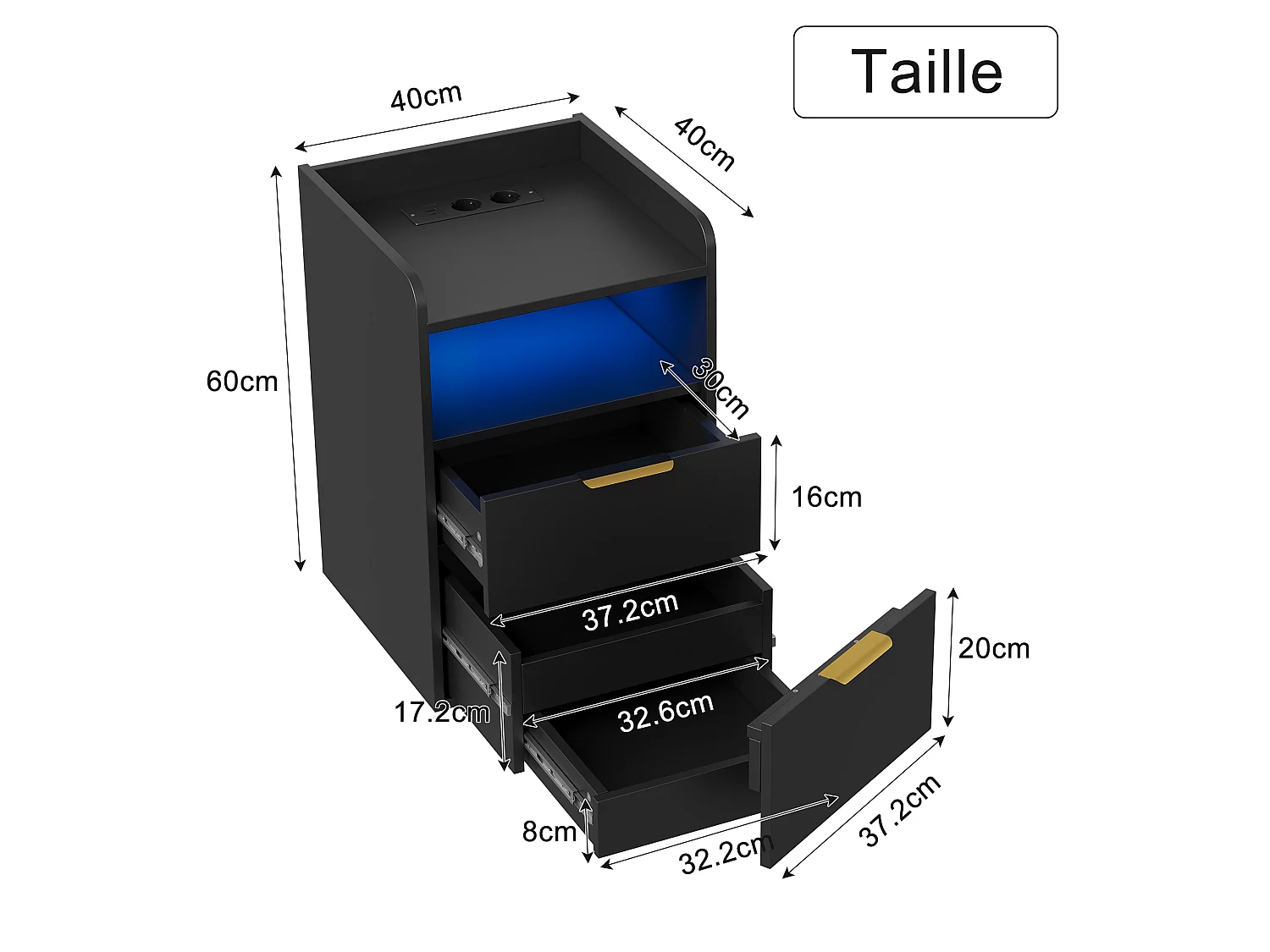Table de Chevet Moderne avec LED -2 Prises/USB-C et Tiroir Secret - Poignées Dorées - pour Chambre Salon - Scandinave - Noir