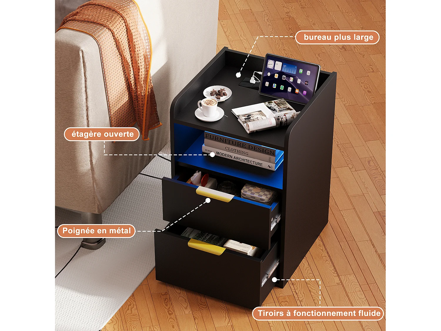 Table de Chevet Moderne avec LED -2 Prises/USB-C et Tiroir Secret - Poignées Dorées - pour Chambre Salon - Scandinave - Noir