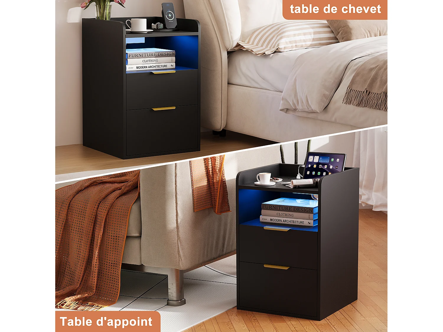 Table de Chevet Moderne avec LED -2 Prises/USB-C et Tiroir Secret - Poignées Dorées - pour Chambre Salon - Scandinave - Noir