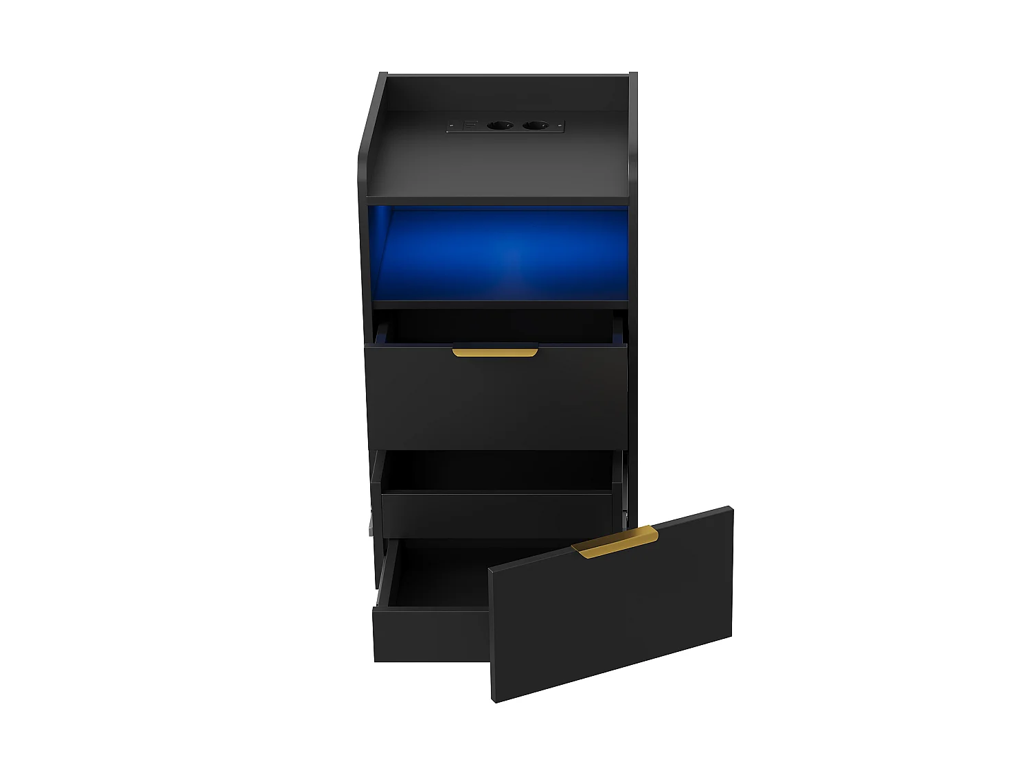 Table de Chevet Moderne avec LED -2 Prises/USB-C et Tiroir Secret - Poignées Dorées - pour Chambre Salon - Scandinave - Noir