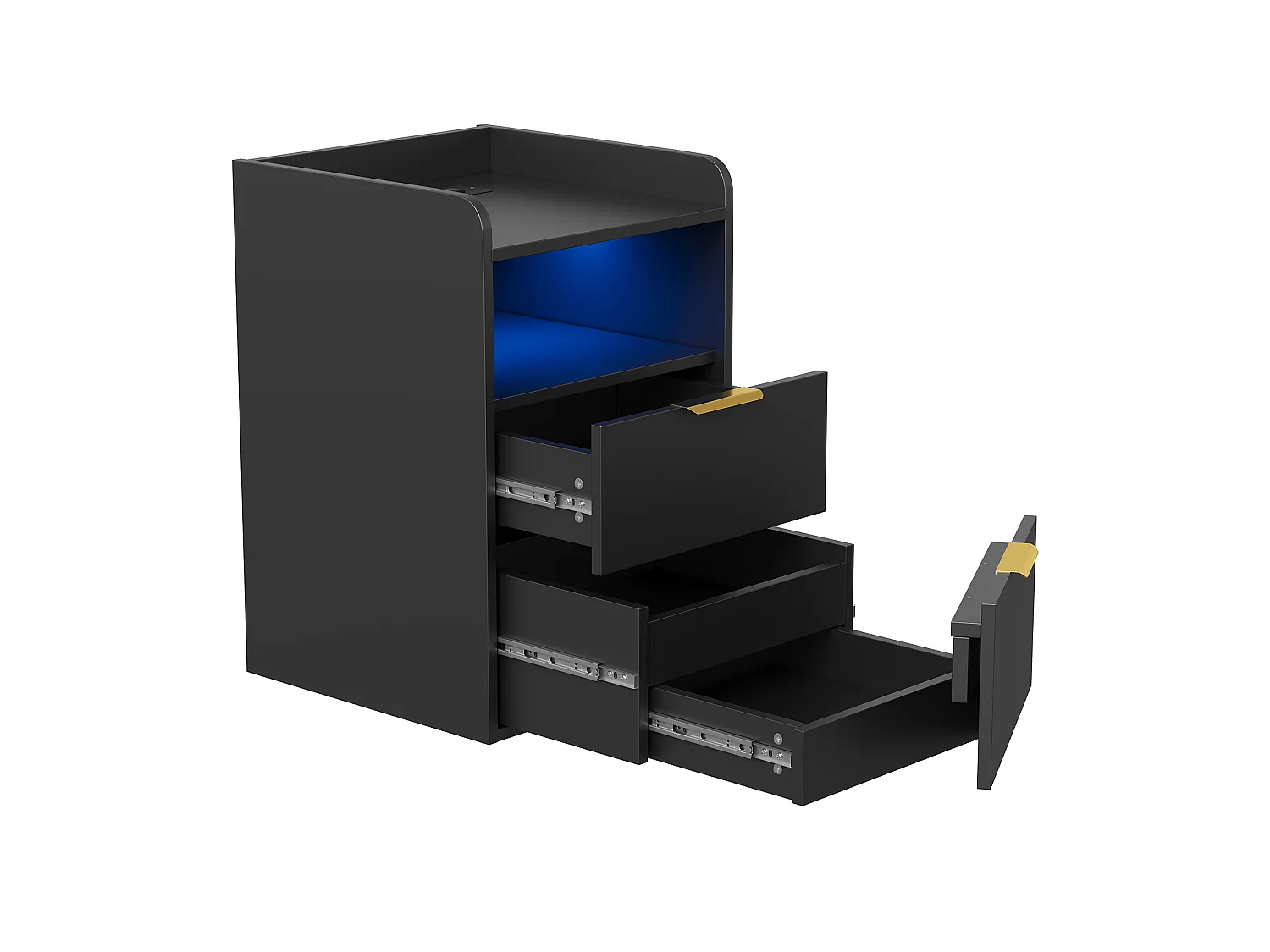 Table de Chevet Moderne avec LED -2 Prises/USB-C et Tiroir Secret - Poignées Dorées - pour Chambre Salon - Scandinave - Noir