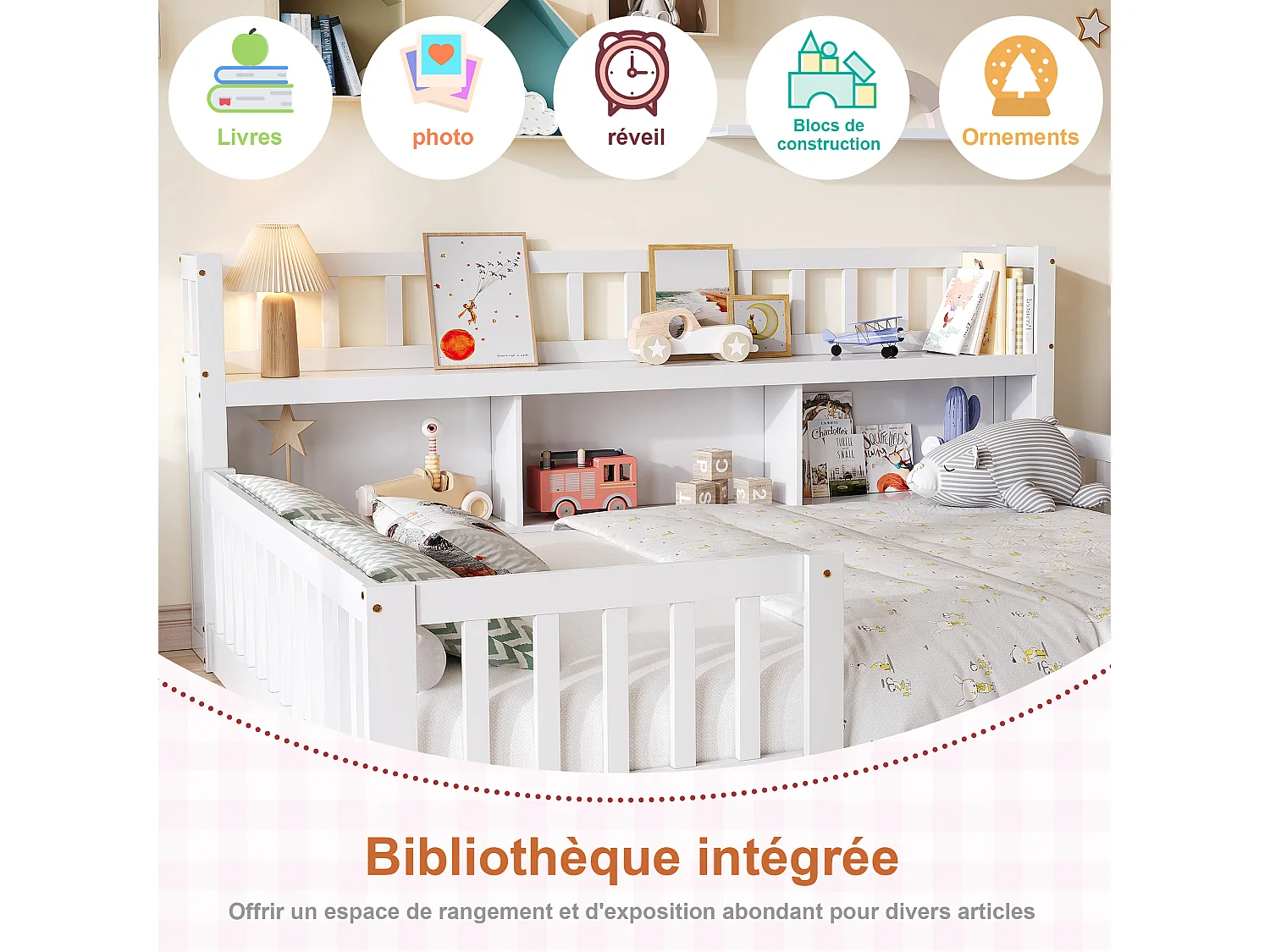Lit Montessori 140x200 Bois avec Rangement,Bibliothèque Intégrée,Barreaux Sécurité,Lit Enfant avec Sommier,Lit 2 place,Blanc