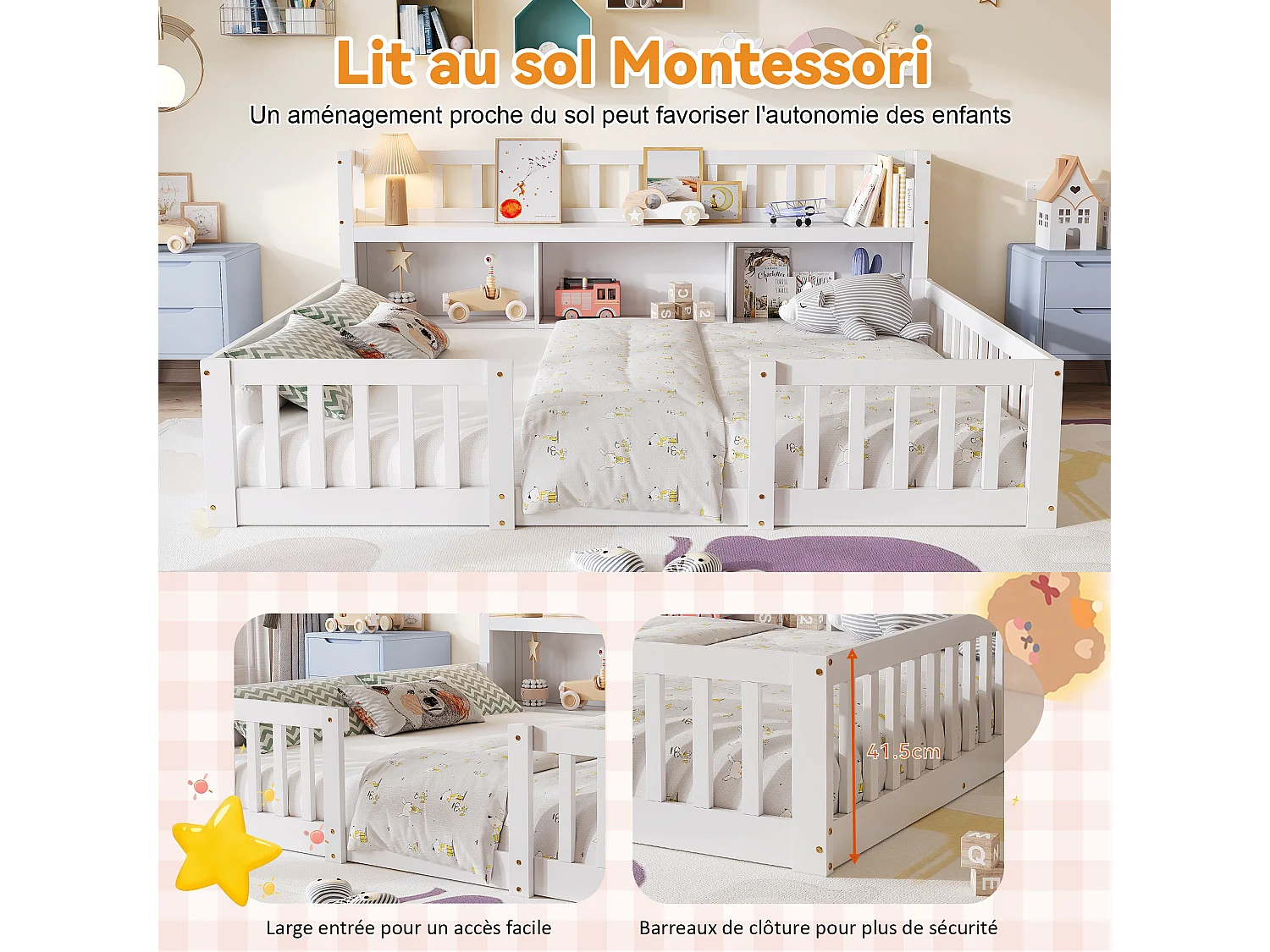 Lit Montessori 140x200 Bois avec Rangement,Bibliothèque Intégrée,Barreaux Sécurité,Lit Enfant avec Sommier,Lit 2 place,Blanc