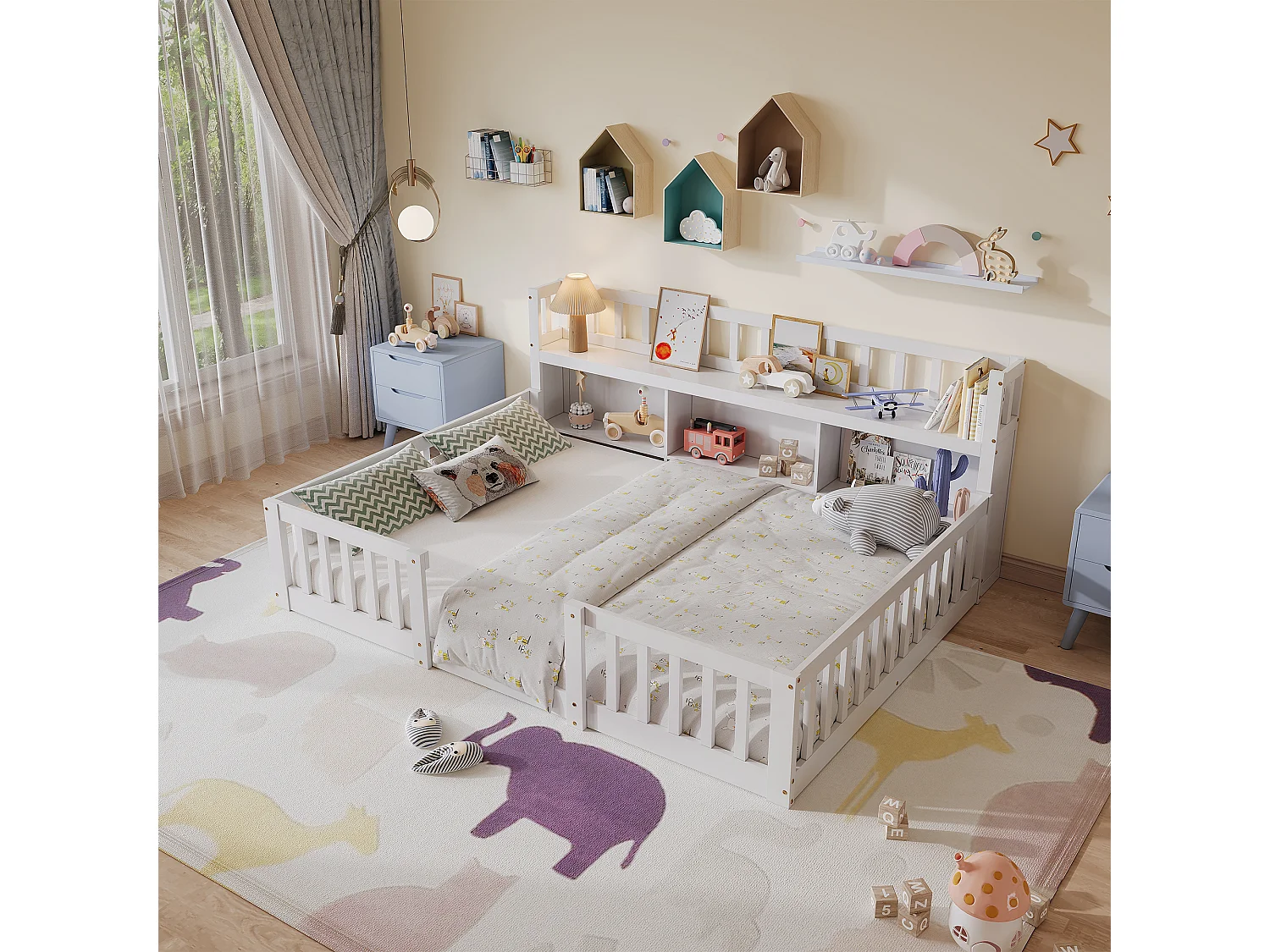 Lit Montessori 140x200 Bois avec Rangement,Bibliothèque Intégrée,Barreaux Sécurité,Lit Enfant avec Sommier,Lit 2 place,Blanc