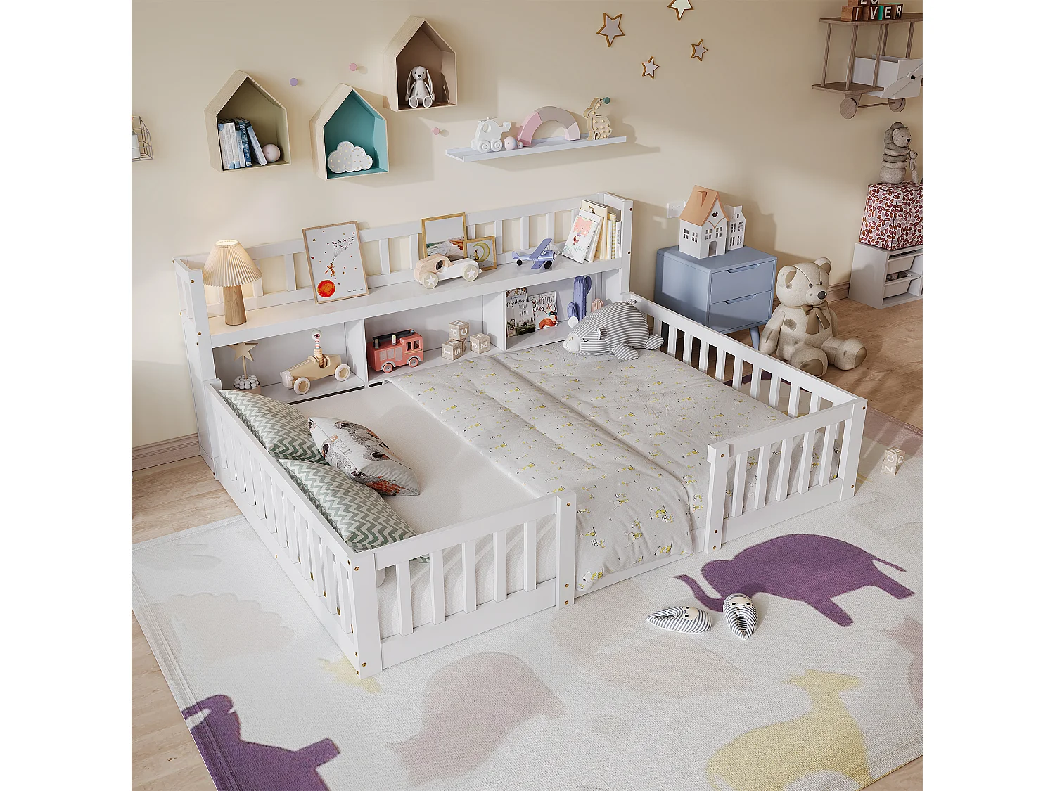 Lit Montessori 140x200 Bois avec Rangement,Bibliothèque Intégrée,Barreaux Sécurité,Lit Enfant avec Sommier,Lit 2 place,Blanc