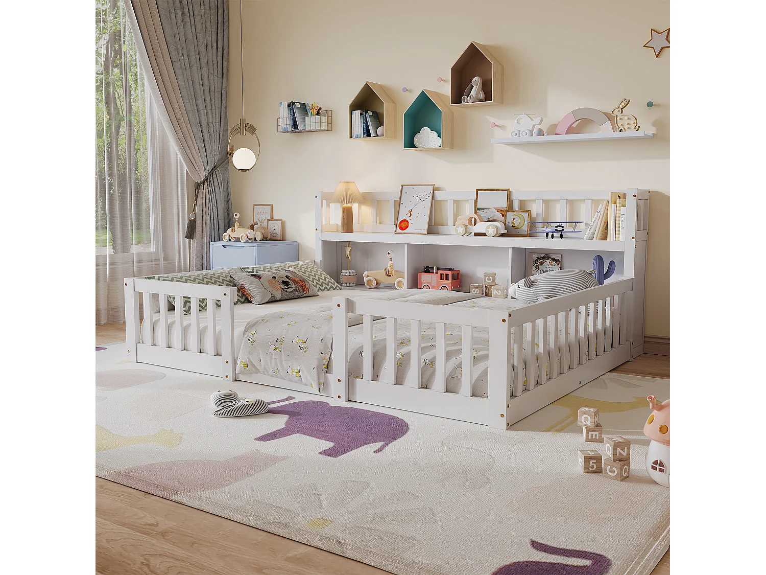 Lit Montessori 140x200 Bois avec Rangement,Bibliothèque Intégrée,Barreaux Sécurité,Lit Enfant avec Sommier,Lit 2 place,Blanc
