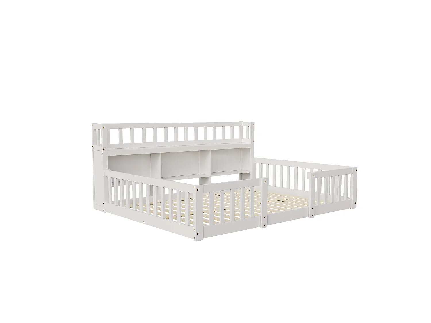 Lit Montessori 140x200 Bois avec Rangement,Bibliothèque Intégrée,Barreaux Sécurité,Lit Enfant avec Sommier,Lit 2 place,Blanc