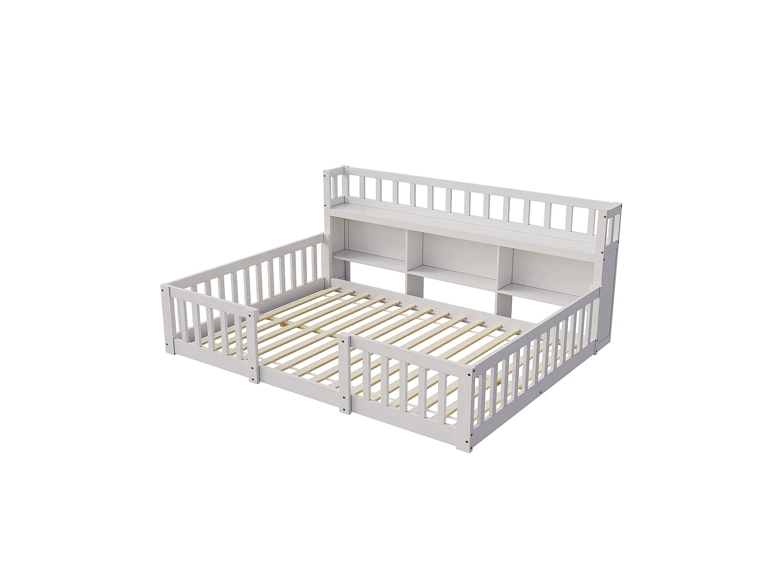 Lit Montessori 140x200 Bois avec Rangement,Bibliothèque Intégrée,Barreaux Sécurité,Lit Enfant avec Sommier,Lit 2 place,Blanc
