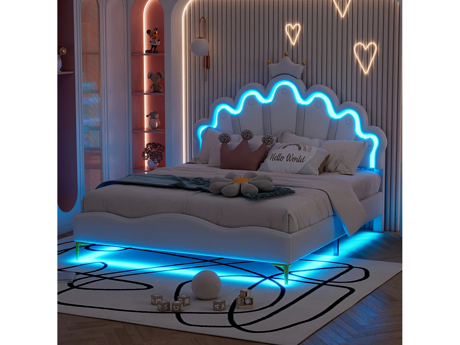Lit Fille 140x200cm,Lit Enfant Princesse avec LED et Sommier à Lattes,Tête de Lit Réglable, pour Chambre de Fille,Cuir PU,Blanc
