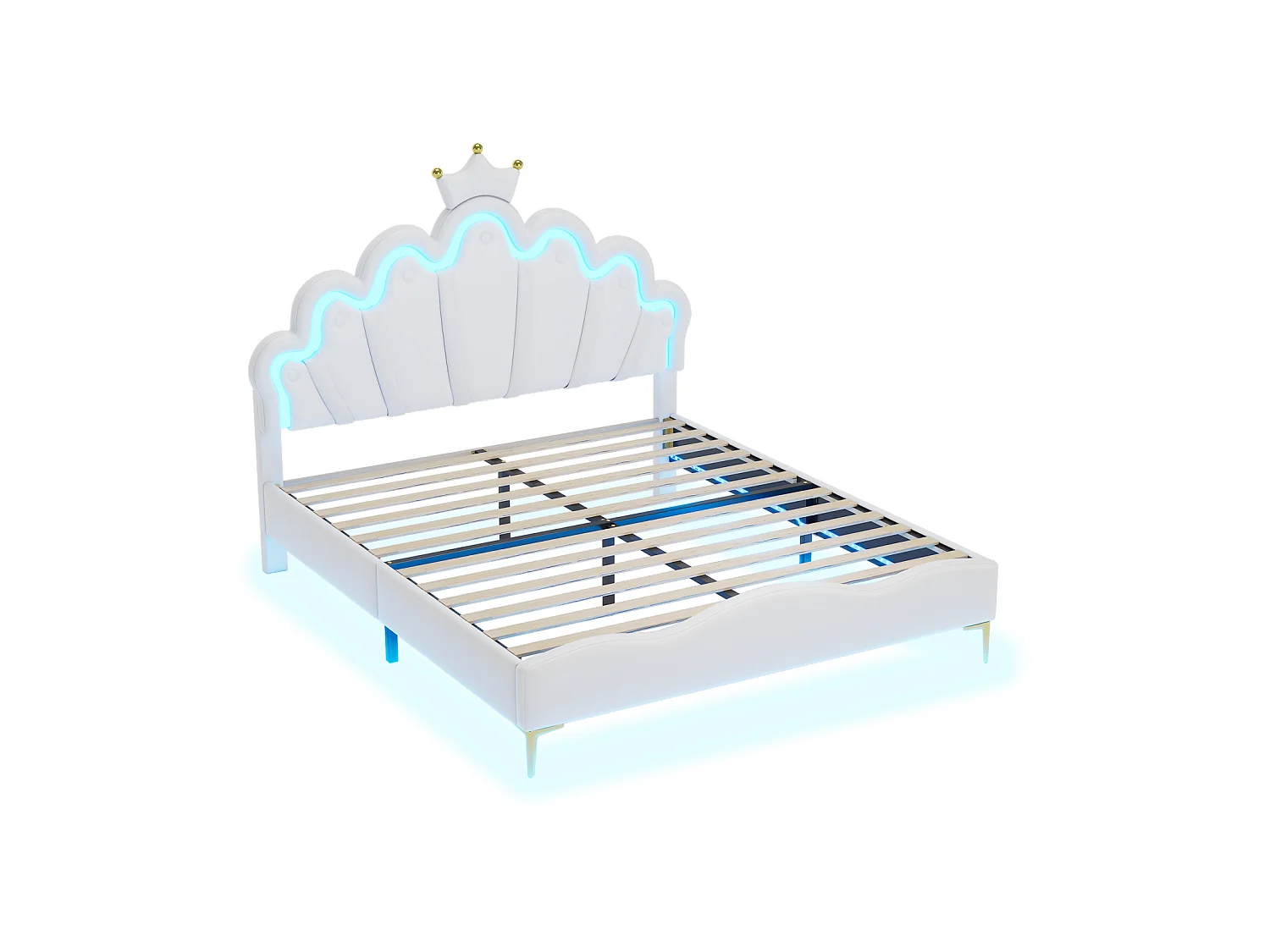 Lit Fille 140x200cm,Lit Enfant Princesse avec LED et Sommier à Lattes,Tête de Lit Réglable, pour Chambre de Fille,Cuir PU,Blanc