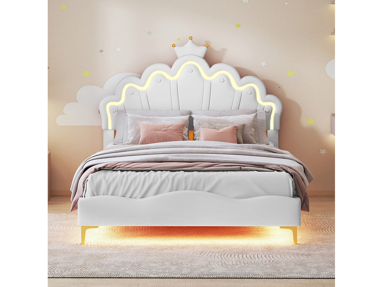 Lit Fille 140x200cm,Lit Enfant Princesse avec LED et Sommier à Lattes,Tête de Lit Réglable, pour Chambre de Fille,Cuir PU,Blanc