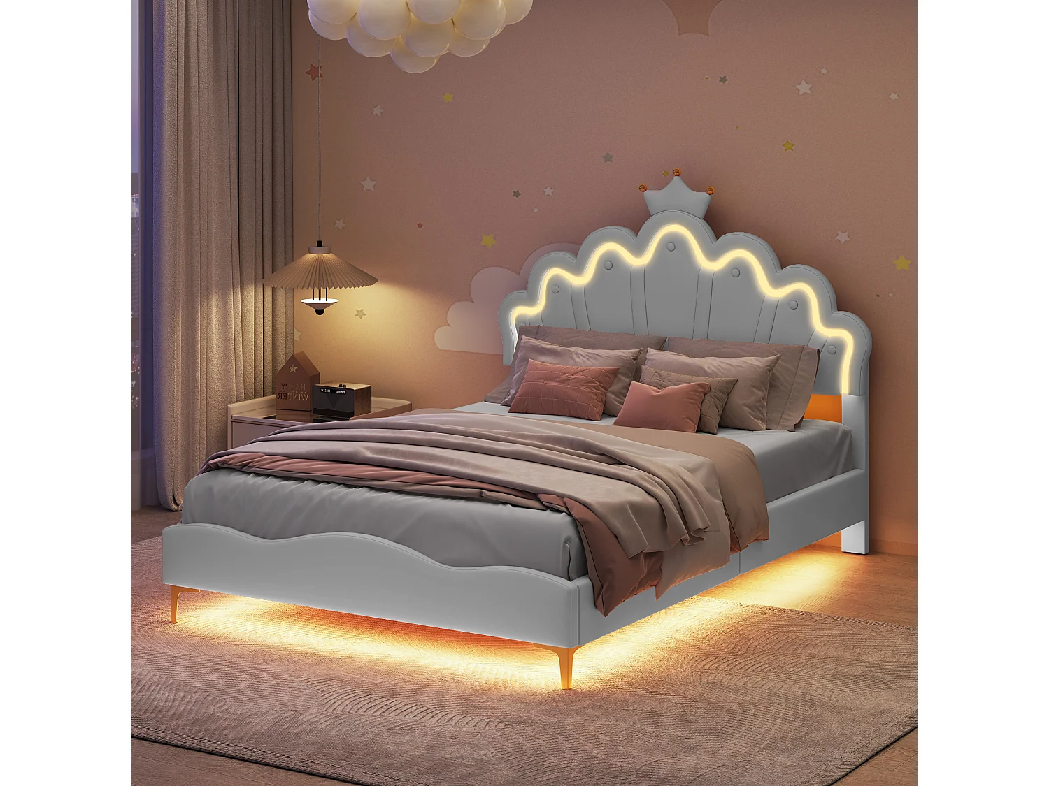 Lit Fille 140x200cm,Lit Enfant Princesse avec LED et Sommier à Lattes,Tête de Lit Réglable, pour Chambre de Fille,Cuir PU,Blanc