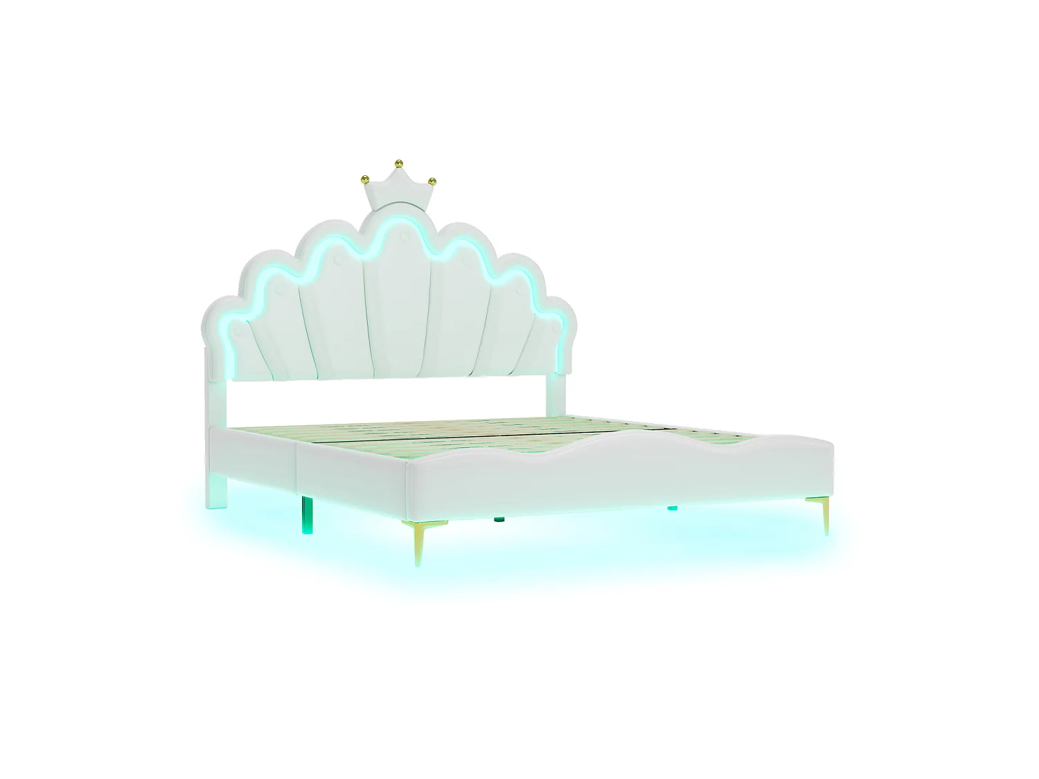 Lit Fille 140x200cm,Lit Enfant Princesse avec LED et Sommier à Lattes,Tête de Lit Réglable, pour Chambre de Fille,Cuir PU,Blanc