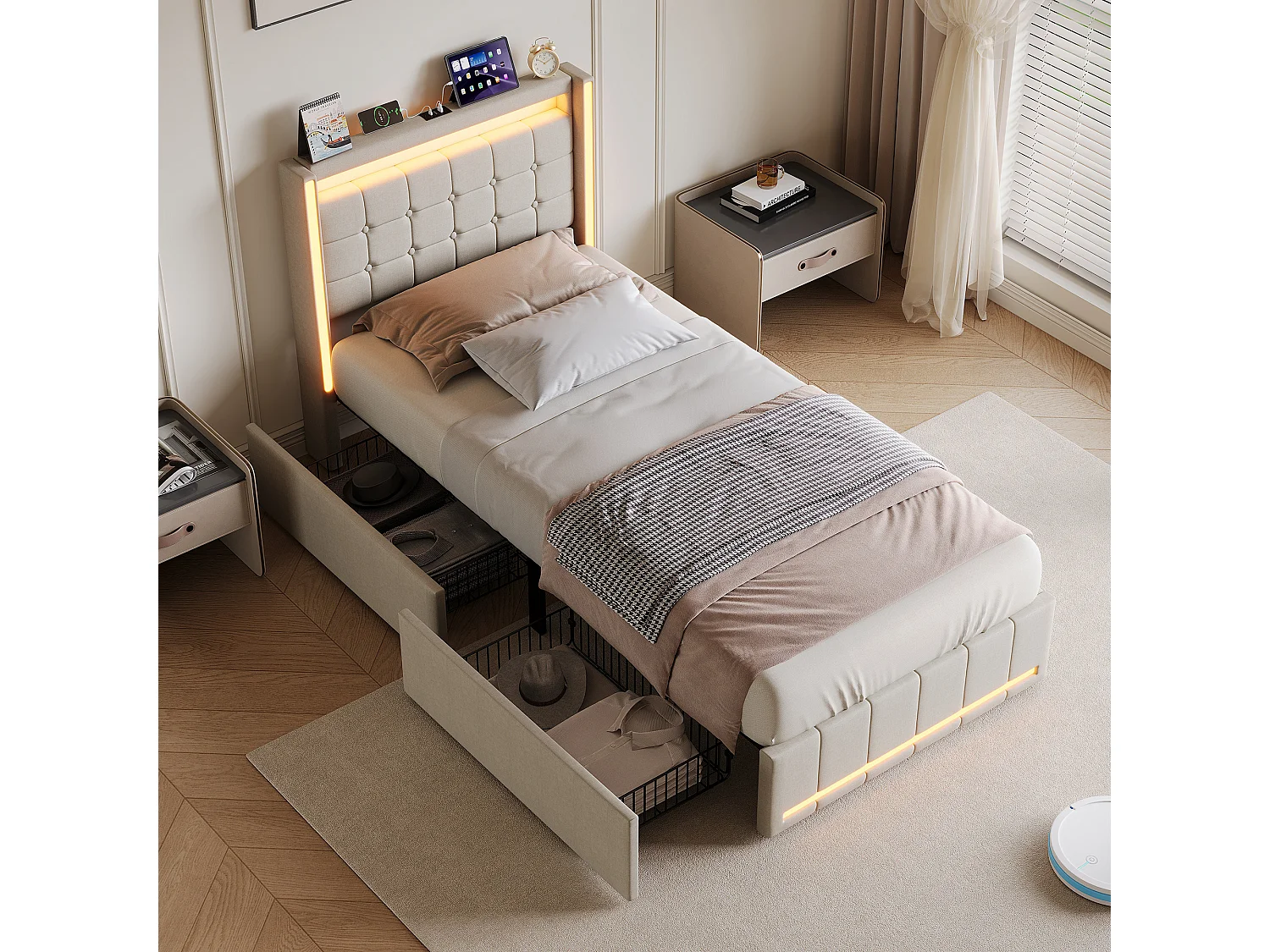Lit 90x200CM avec LED et 2 Tiroir,Tête de Lit avec USB Type-C,Lit 1 Personnes avec Sommier à Lattes en Bois,Tissu Lin,Beige