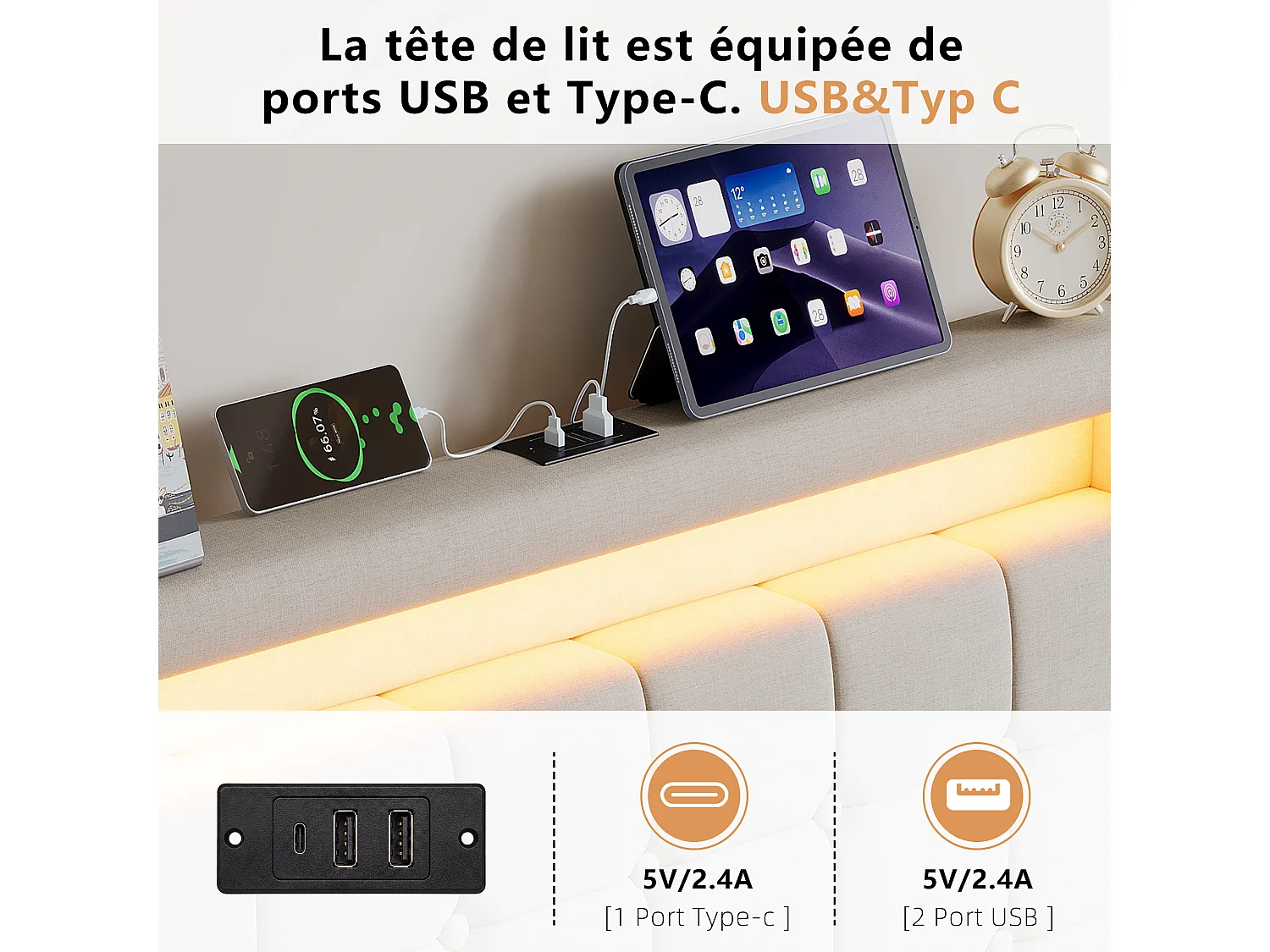 Lit 90x200CM avec LED et 2 Tiroir,Tête de Lit avec USB Type-C,Lit 1 Personnes avec Sommier à Lattes en Bois,Tissu Lin,Beige
