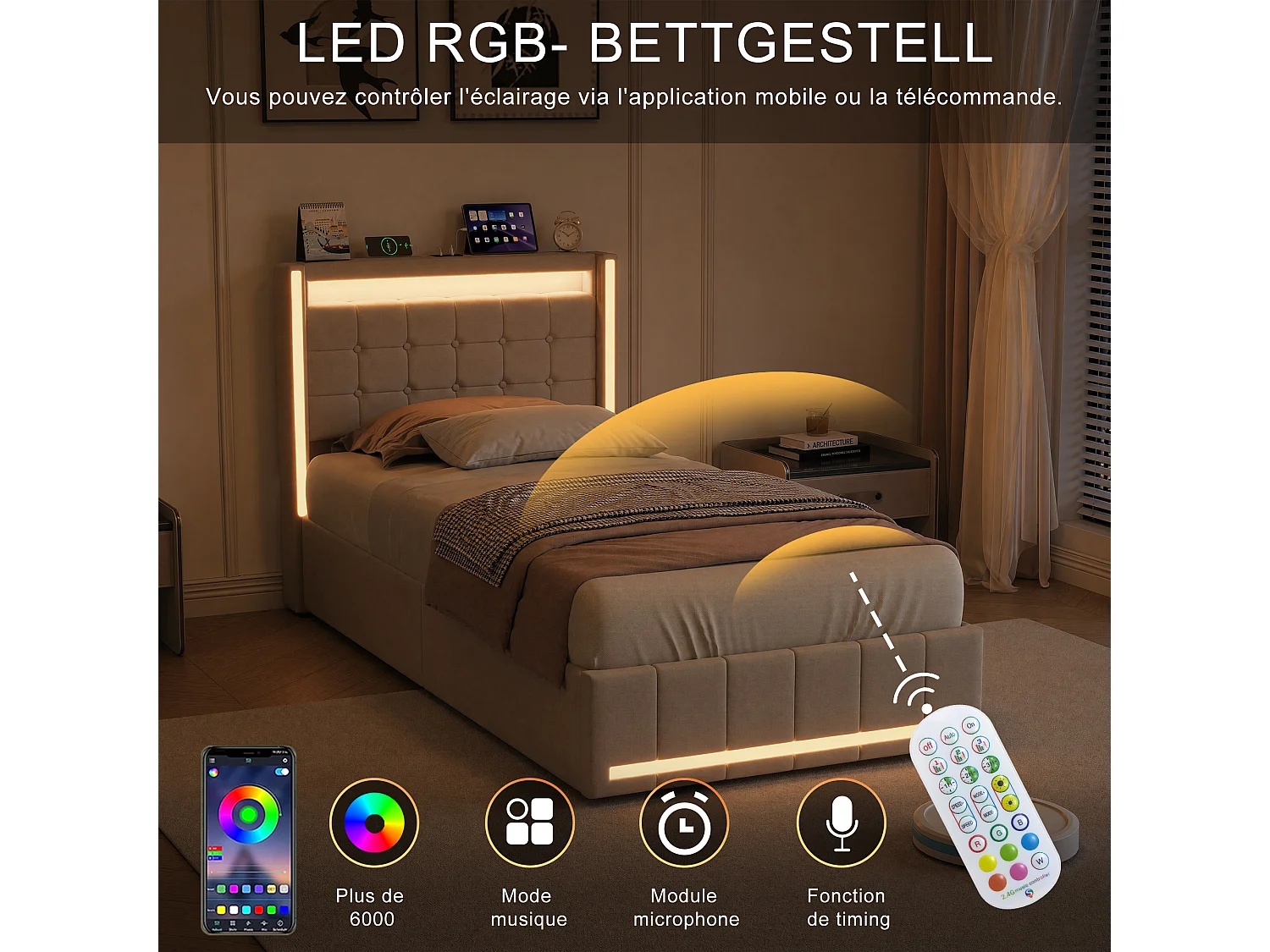 Lit 90x200CM avec LED et 2 Tiroir,Tête de Lit avec USB Type-C,Lit 1 Personnes avec Sommier à Lattes en Bois,Tissu Lin,Beige