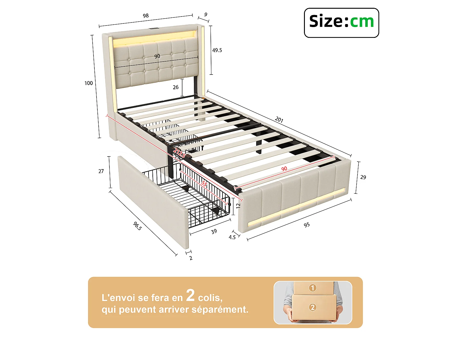 Lit 90x200CM avec LED et 2 Tiroir,Tête de Lit avec USB Type-C,Lit 1 Personnes avec Sommier à Lattes en Bois,Tissu Lin,Beige