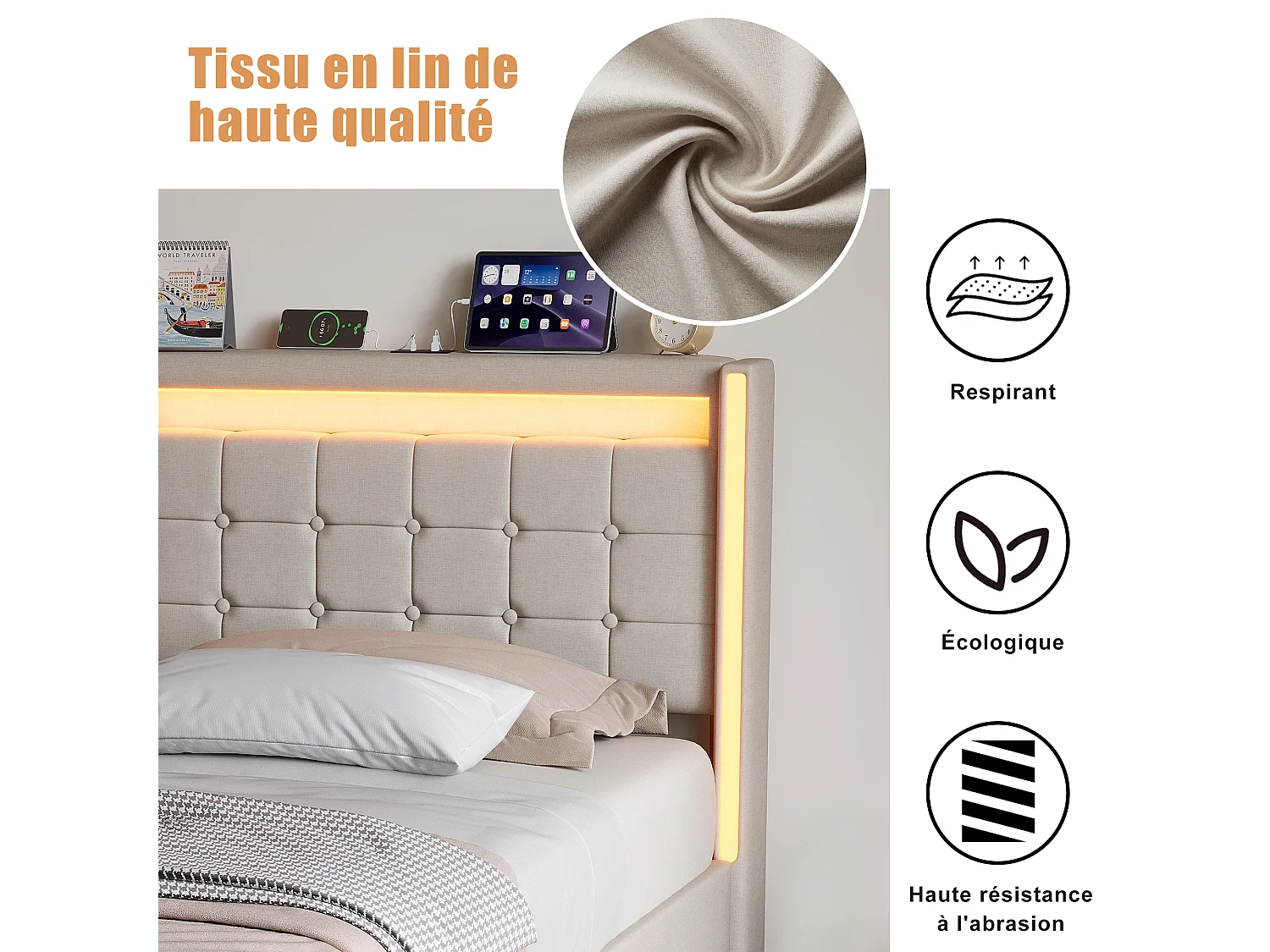 Lit 90x200CM avec LED et 2 Tiroir,Tête de Lit avec USB Type-C,Lit 1 Personnes avec Sommier à Lattes en Bois,Tissu Lin,Beige