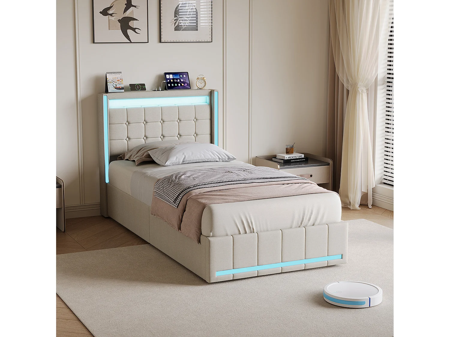 Lit 90x200CM avec LED et 2 Tiroir,Tête de Lit avec USB Type-C,Lit 1 Personnes avec Sommier à Lattes en Bois,Tissu Lin,Beige