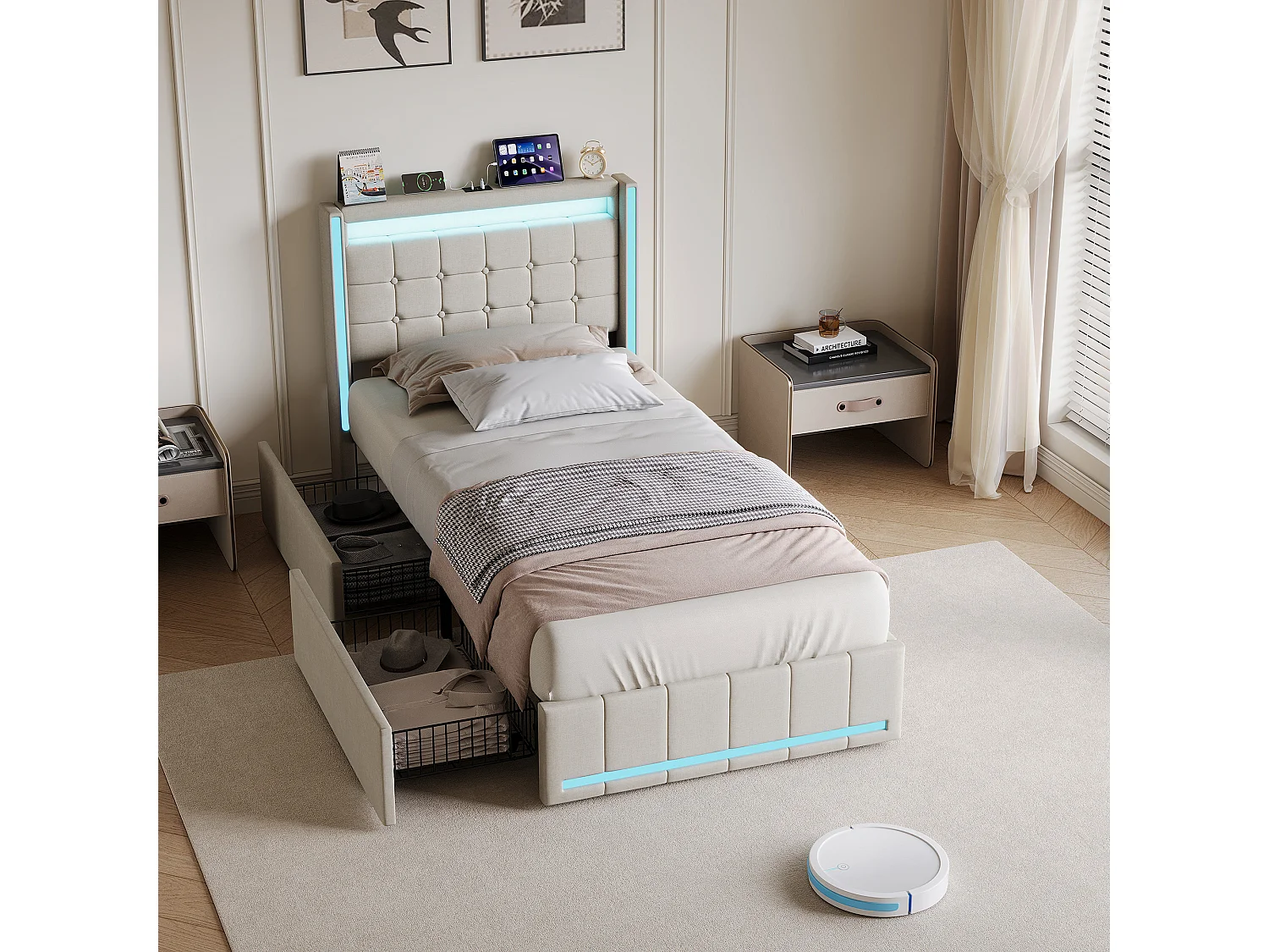 Lit 90x200CM avec LED et 2 Tiroir,Tête de Lit avec USB Type-C,Lit 1 Personnes avec Sommier à Lattes en Bois,Tissu Lin,Beige