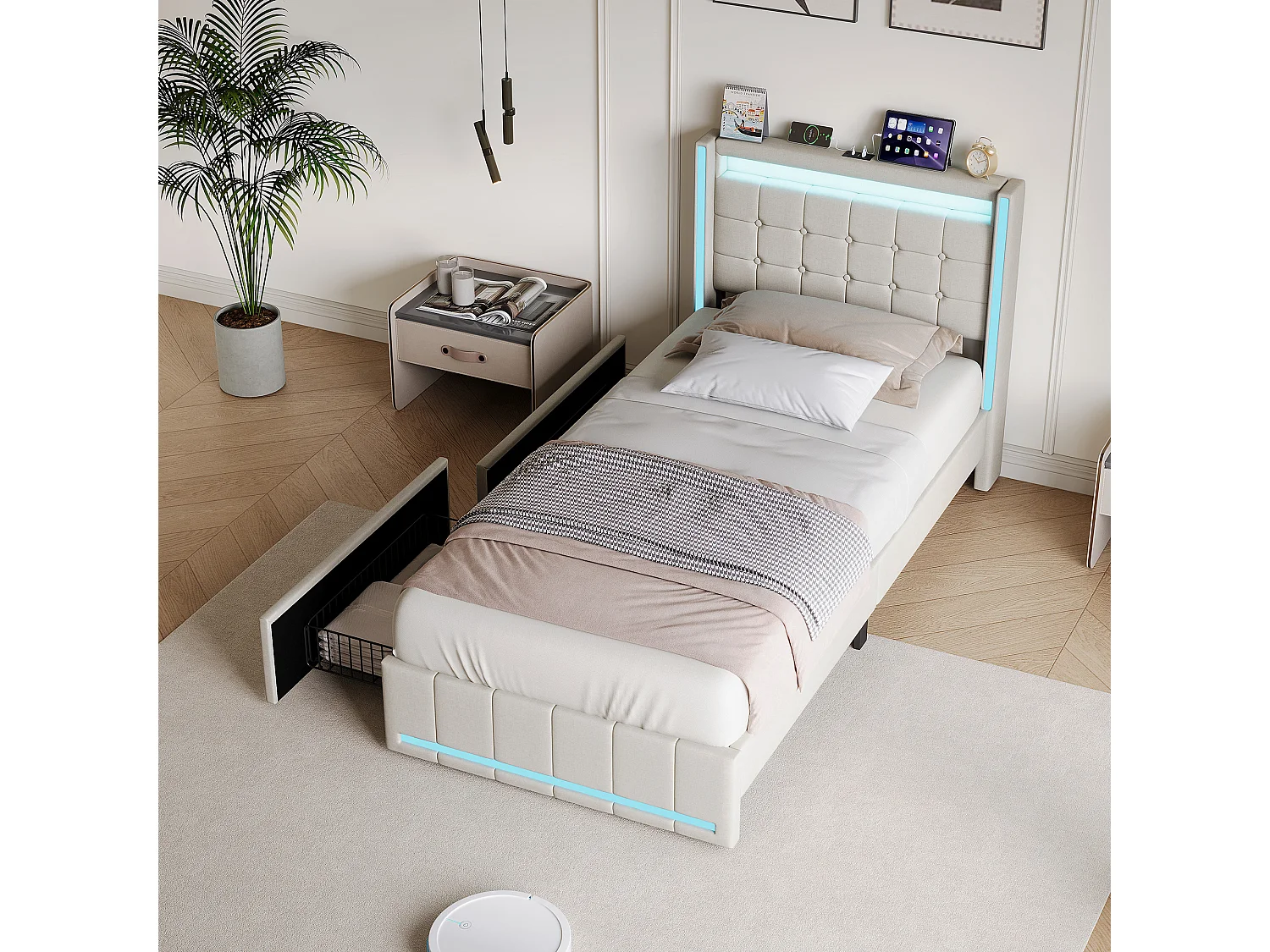 Lit 90x200CM avec LED et 2 Tiroir,Tête de Lit avec USB Type-C,Lit 1 Personnes avec Sommier à Lattes en Bois,Tissu Lin,Beige