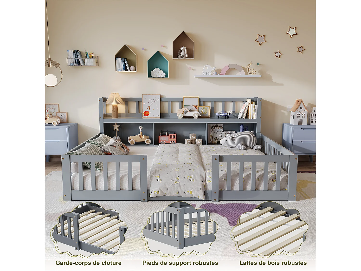 Lit Montessori 140x200 Bois avec Rangement,Bibliothèque Intégrée,Barreaux Sécurité,Lit Enfant avec Sommier,Lit 2 place,Gris
